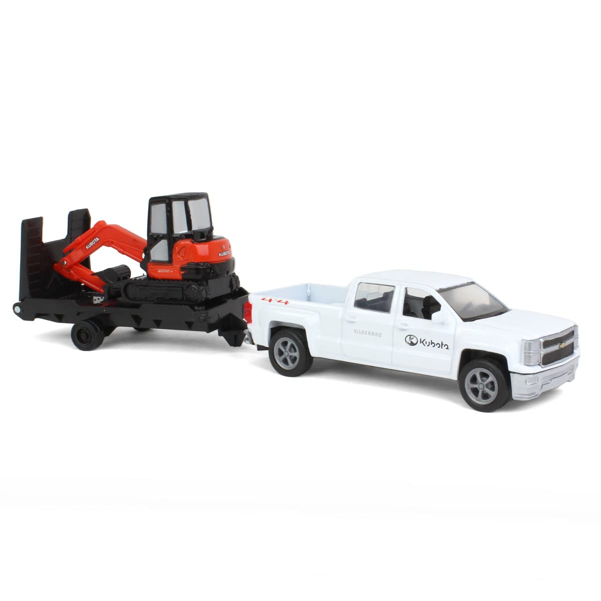 New Ray New 10" NEWRAY KUBOTA Collection - Kubota KX040 Excavator with White Ford F-250 Super Duty Pickup & Trailer (Orange, Black) Model Toys New Ray Toys