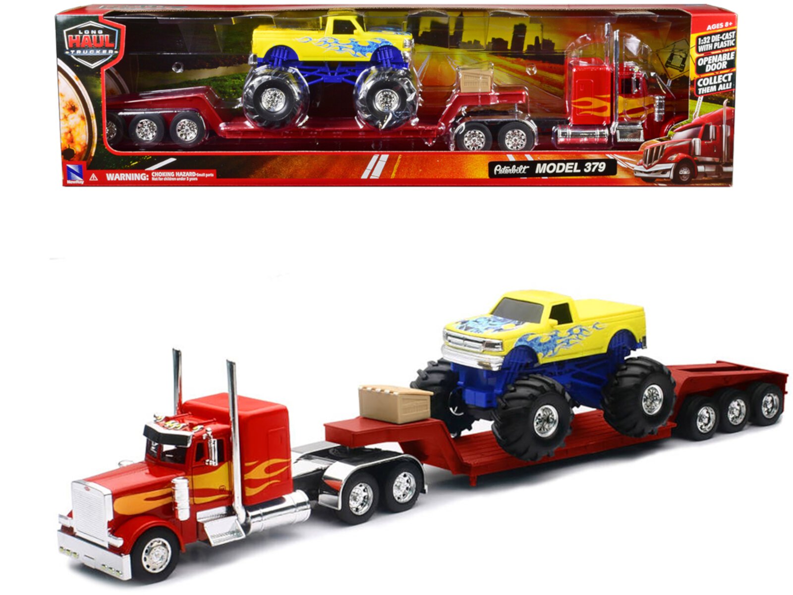 Peterbilt 379 Truck with Lowboy Trailer Red w/Orange Flames and Monster Truck Yellow w/Blue Flames 1/32 Diecast Model by New Ray New Ray Toys