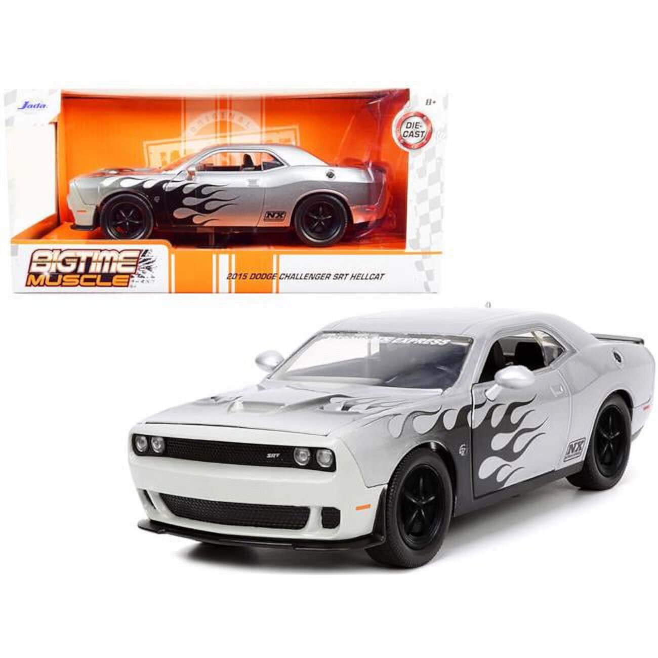 2015 Dodge Challenger SRT Hellcat Silver with Black Flames 1/24 jada 33880 JADA TOYS