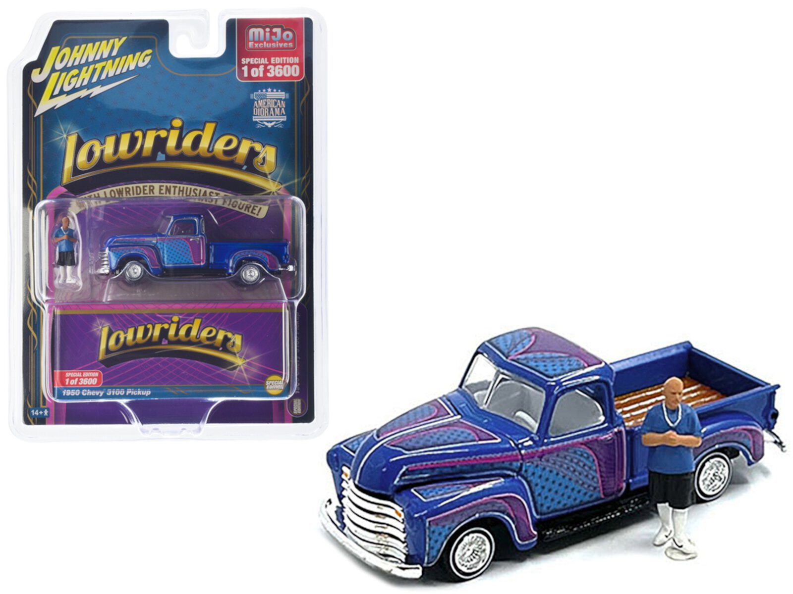 1950 Chevrolet 3100 Truck Lowrider Blue w/Graphics & Figure Ltd Ed to 3600 pieces 1/64 Diecast Model Car by Johnny Lightning Johnny Lightning