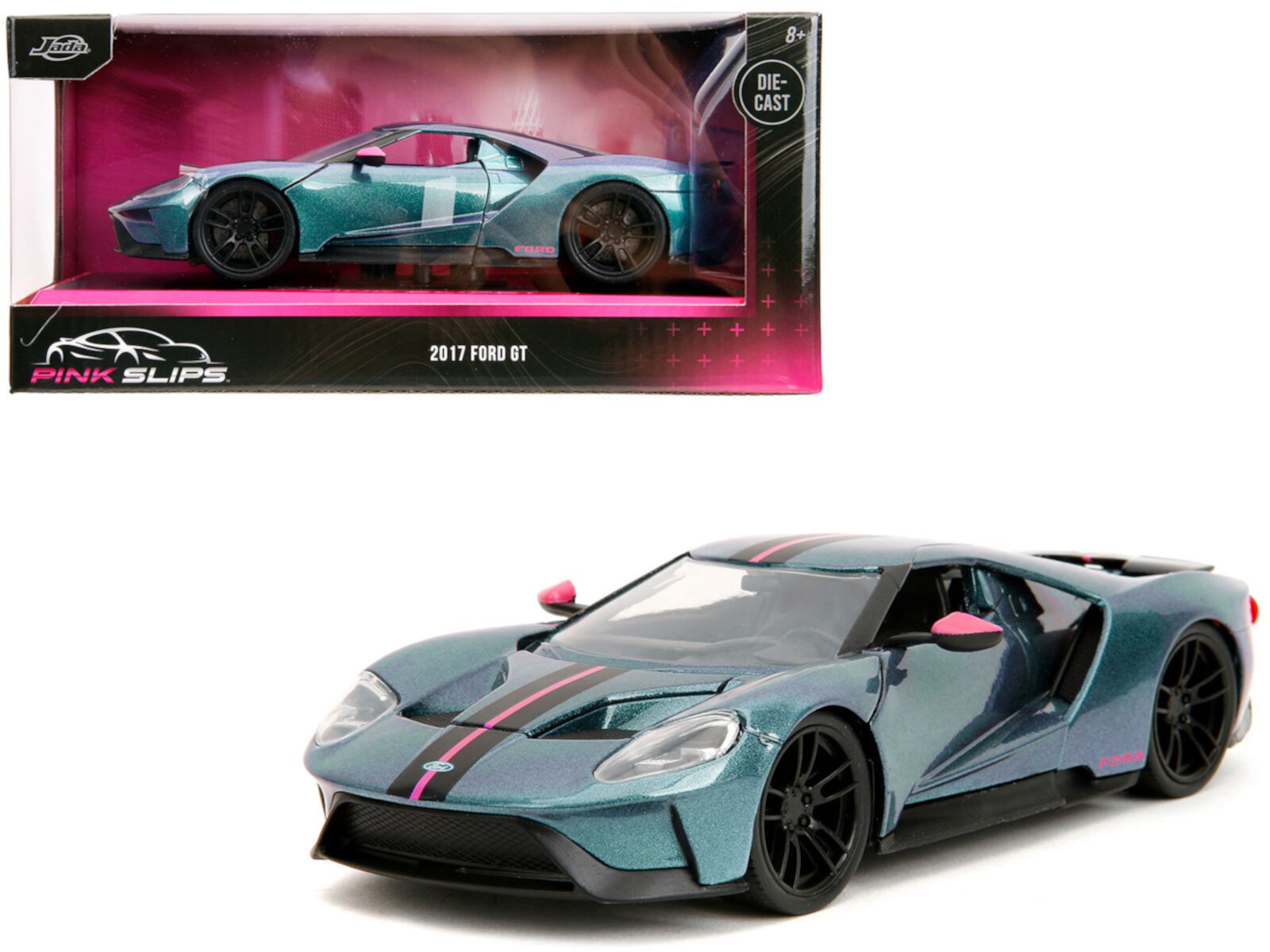 2017 Ford GT Blue Metallic with Pink and Black Stripes "Pink Slips" Series 1/24 Diecast Model Car by Jada JADA TOYS