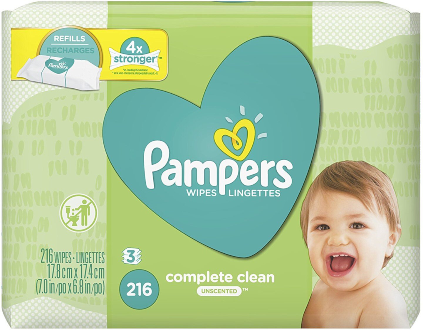 Pampers Complete Clean Baby Wipes Refill, Unscented, 3 Pack 216 ea (Pack of 4) Pampers