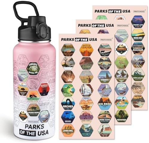 Водяная бутылка National Parks с наклейками и трубочкой, 32oz, Черная, Теплоизоляция FristChoice