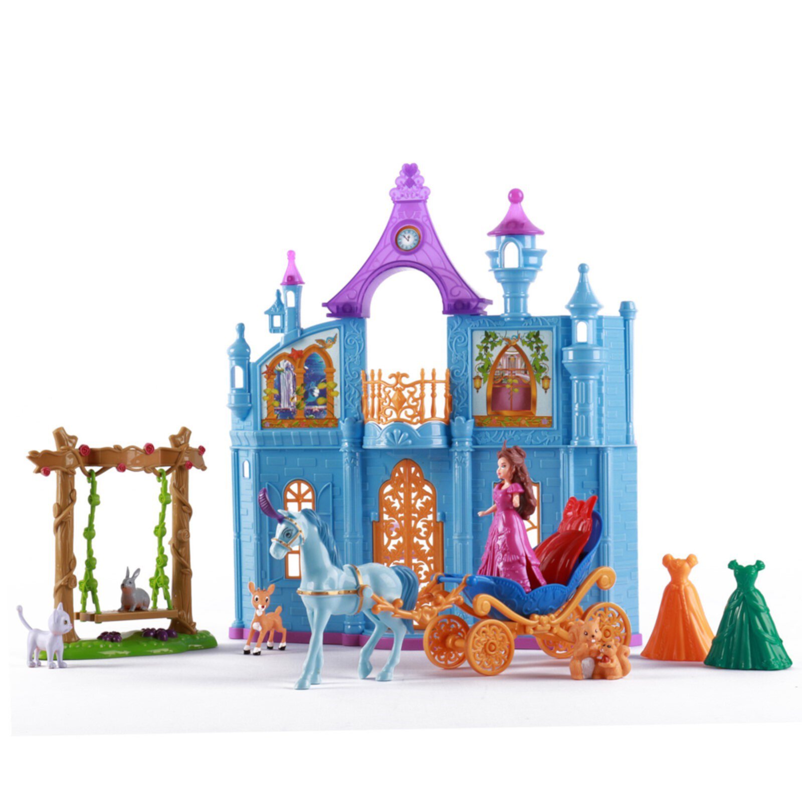 Vokodo Princess Castle Deluxe Playset With Doll Animal Friends Enchanted Swing Magical Horse And Carriage 3 Wardrobe Options Pretend Play Toys Perfect Early Learning Gift For Preschool Children Girls Vokodo