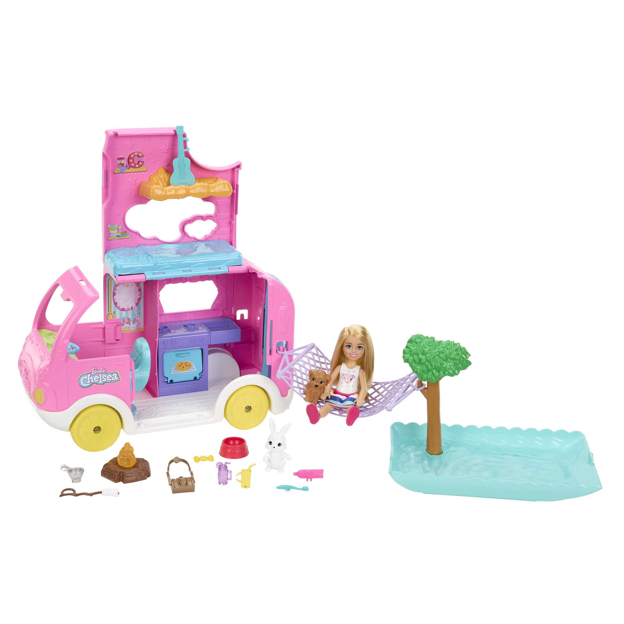 Barbie Chelsea 2-in-1 Camper Playset with Chelsea Small Doll, 2 Pets & 15 Accessories Barbie