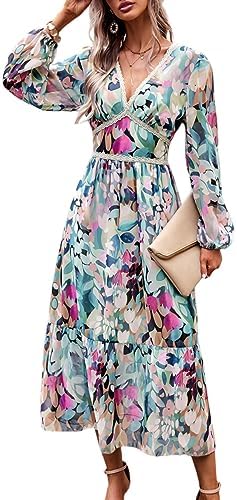 Women's V Neck Long Sleeve Wrap Maxi Dress A Line Empire Waist Fall Wedding Guest Party Casual Chiffon Dress ChooTeeYeen