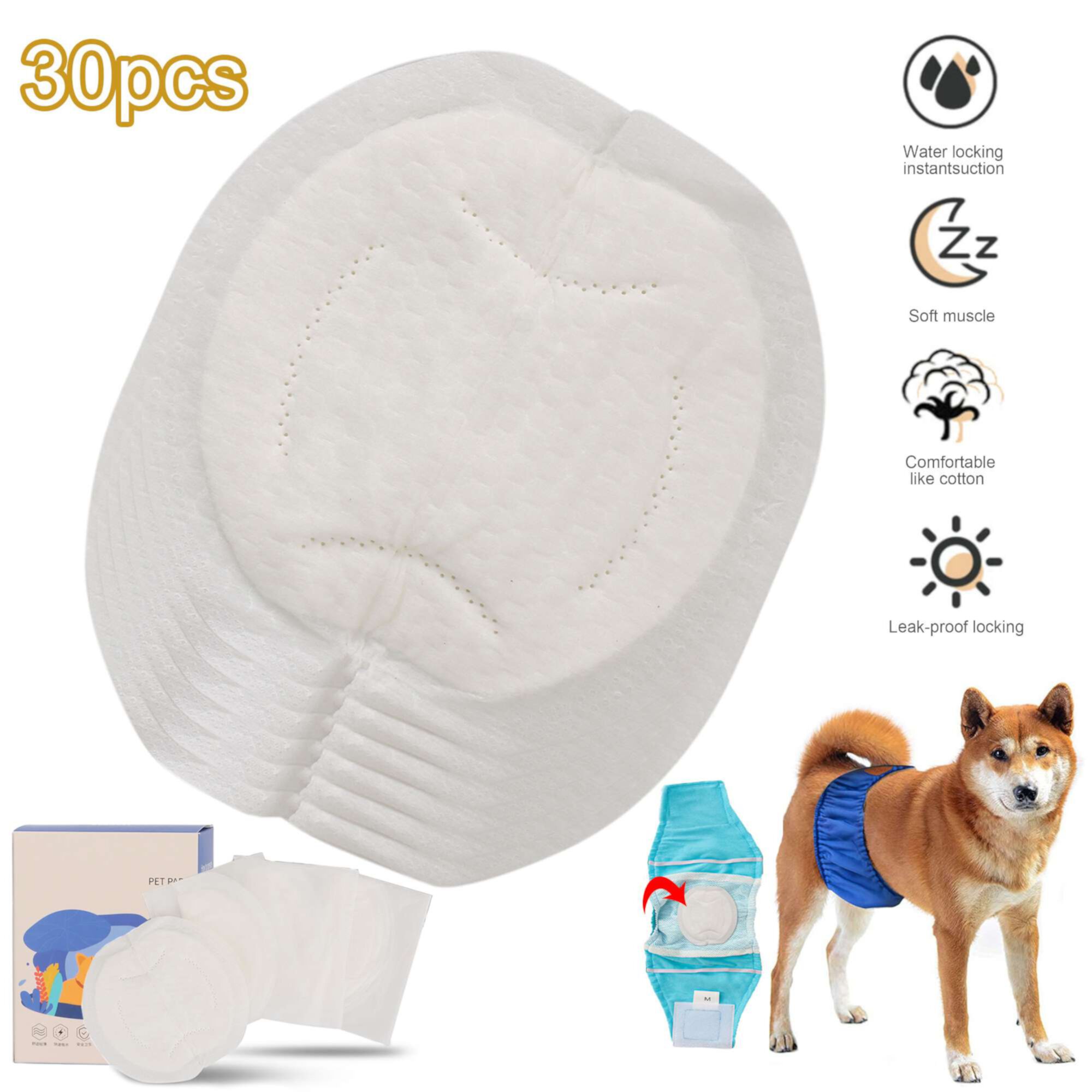 Gustave 30Pcs Disposable Dog Diaper Liners Booster Pads Super Absorbent Leakproof Pet Menstrual Pads Fit for Male Female Dogs Puppy Belly Bands Wraps Gustave