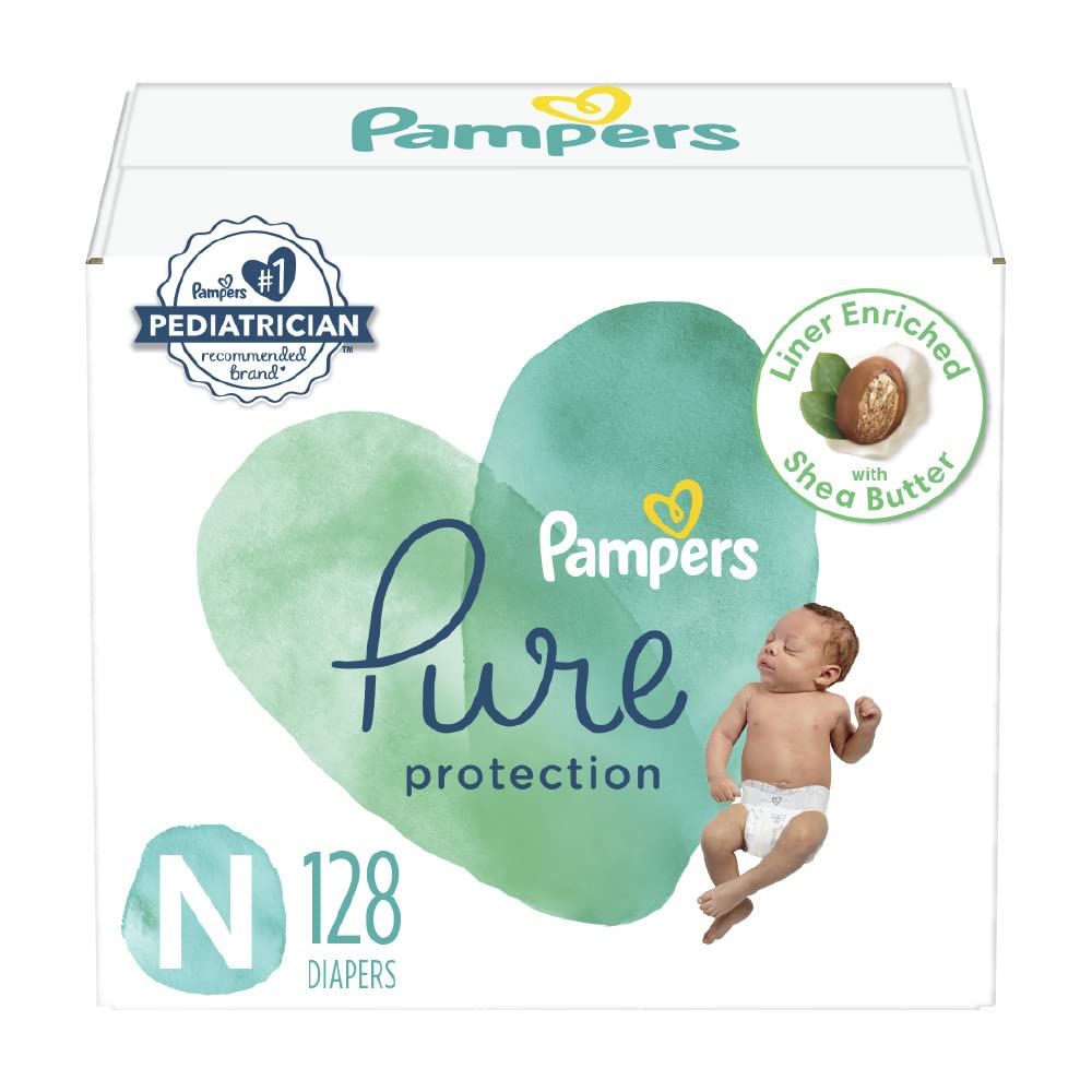 Pampers Pure Protection Diapers Newborn - Size 0, 128 Count, Hypoallergenic Premium Disposable Baby Diapers Pampers