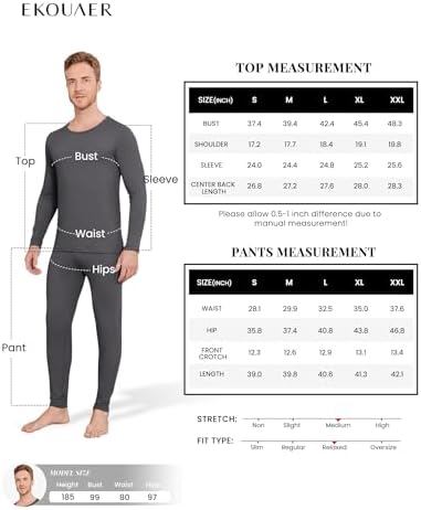 Ekouaer Men Thin Thermal Underwear Set Soft Long Johns Set 2 Pcs Warm Base Layer Top & Bottom for Cold Weather Ekouaer