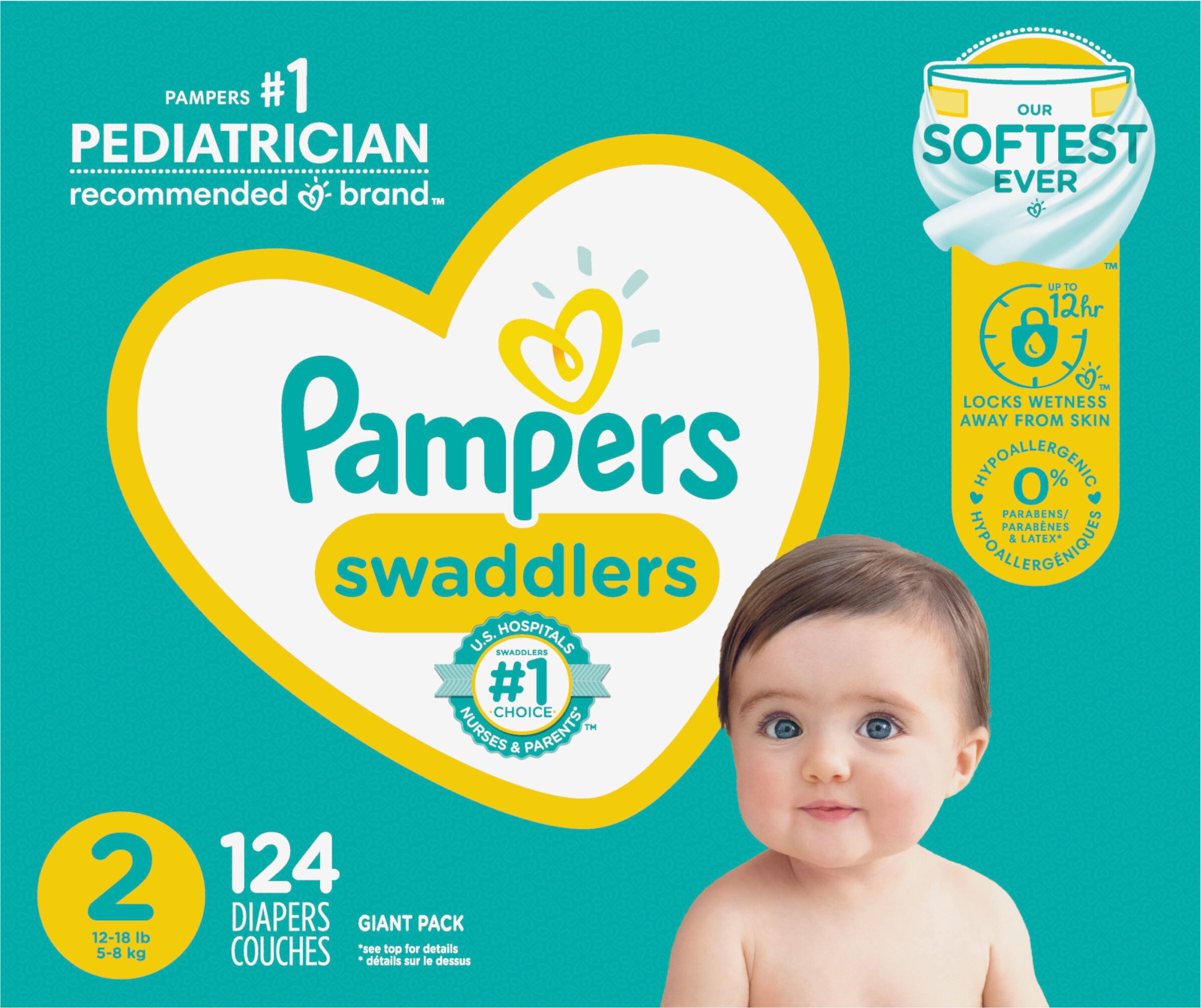 Pampers Swaddlers Disposable Soft and Absorbent, Baby Diapers Size 2, 124 Count Pampers