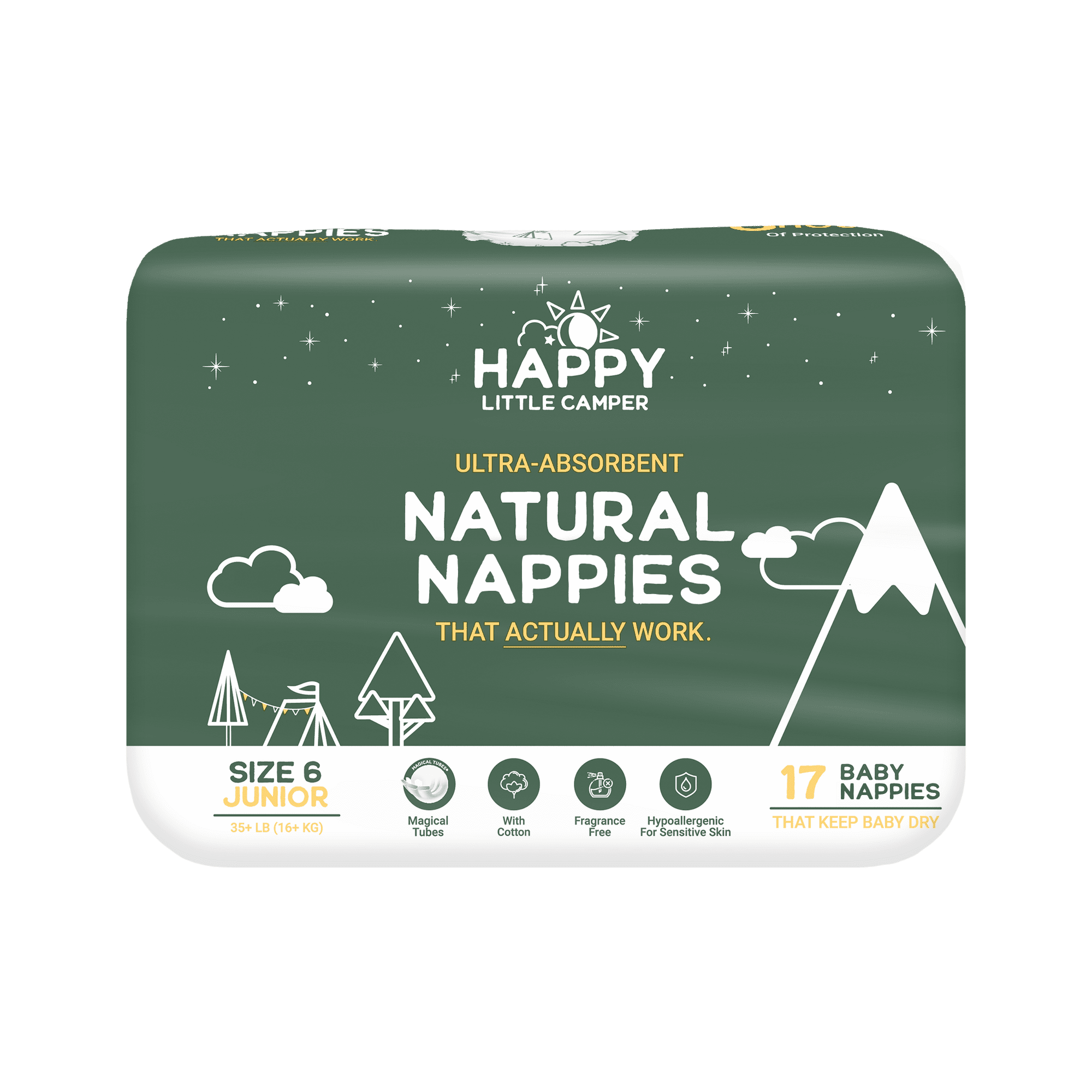 Happy Little Camper Ultra-Absorbent Hypoallergenic Natural Baby Diapers, Size 6, 17 Count Happy Little Camper