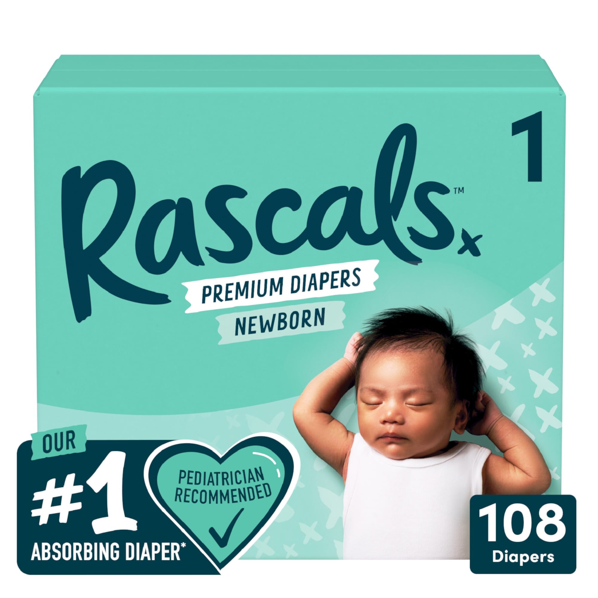 Rascal + Friends Premium Diapers, Size 1, 108 Count Absorbing Diaper Rascals