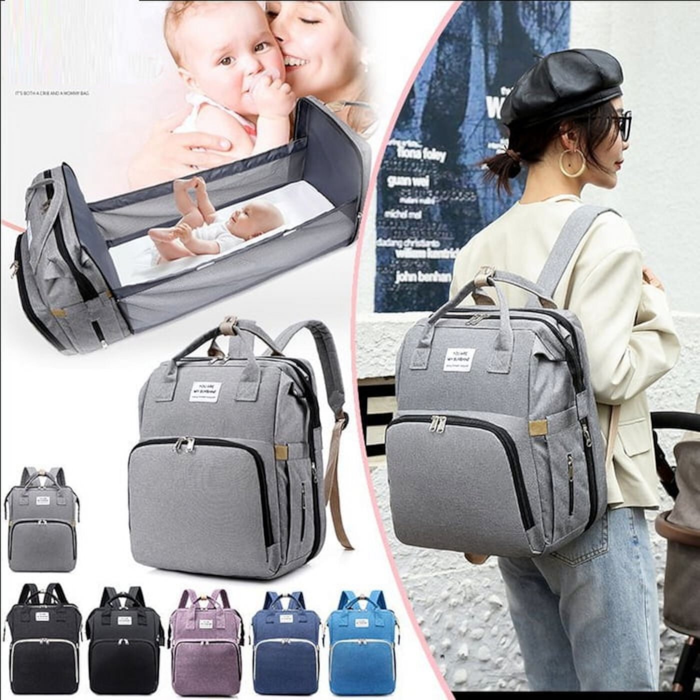 Diaper Bag Backpack - Baby Essentials Travel Bag - Multi function Waterproof Diaper Bag, Travel Essentials Bag with Changing Pad XTEILC