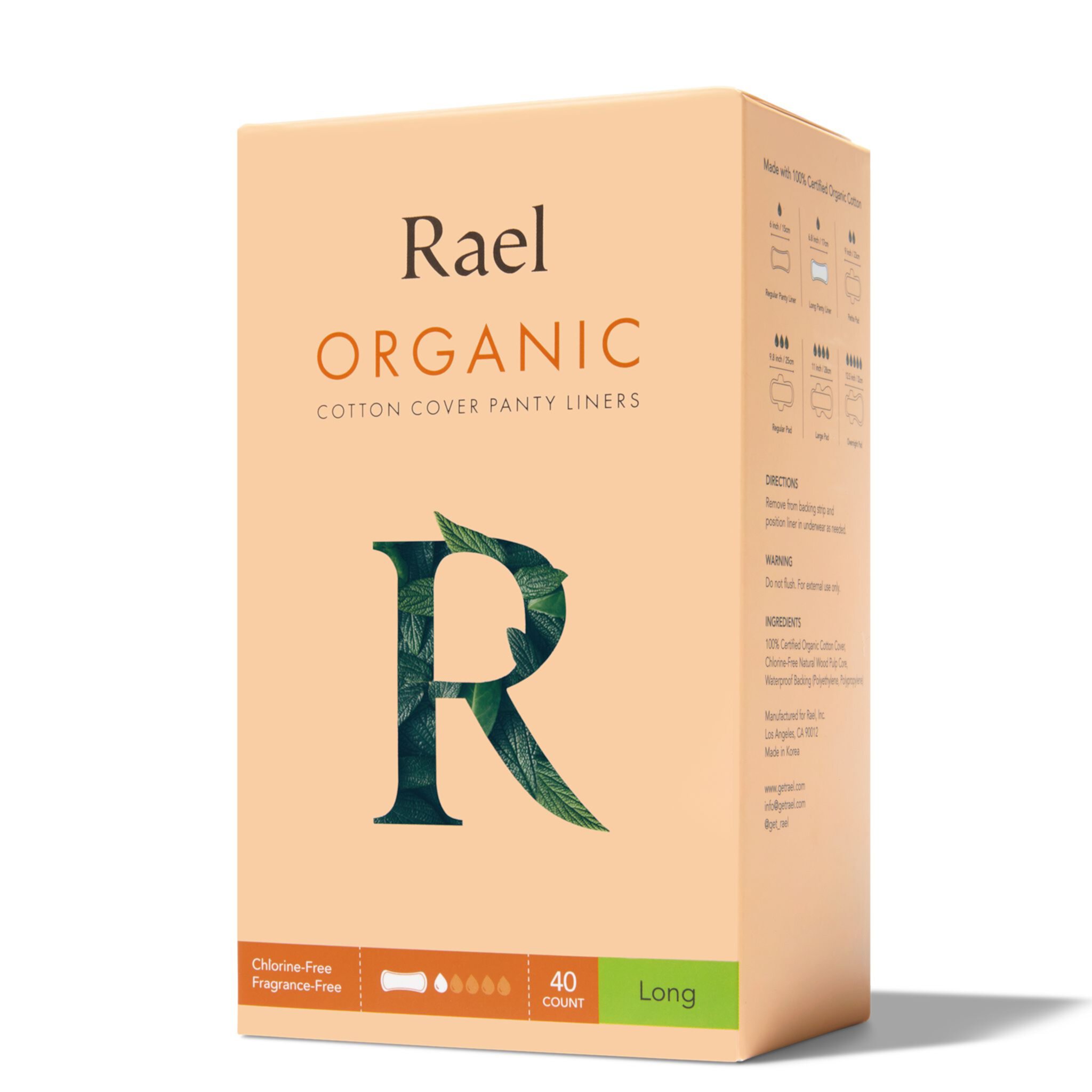 Rael Organic Cotton Long Panty Liners, 40ct - Unscented, Chlorine Free, Pantiliners - Natural, Daily Pantyliners Rael