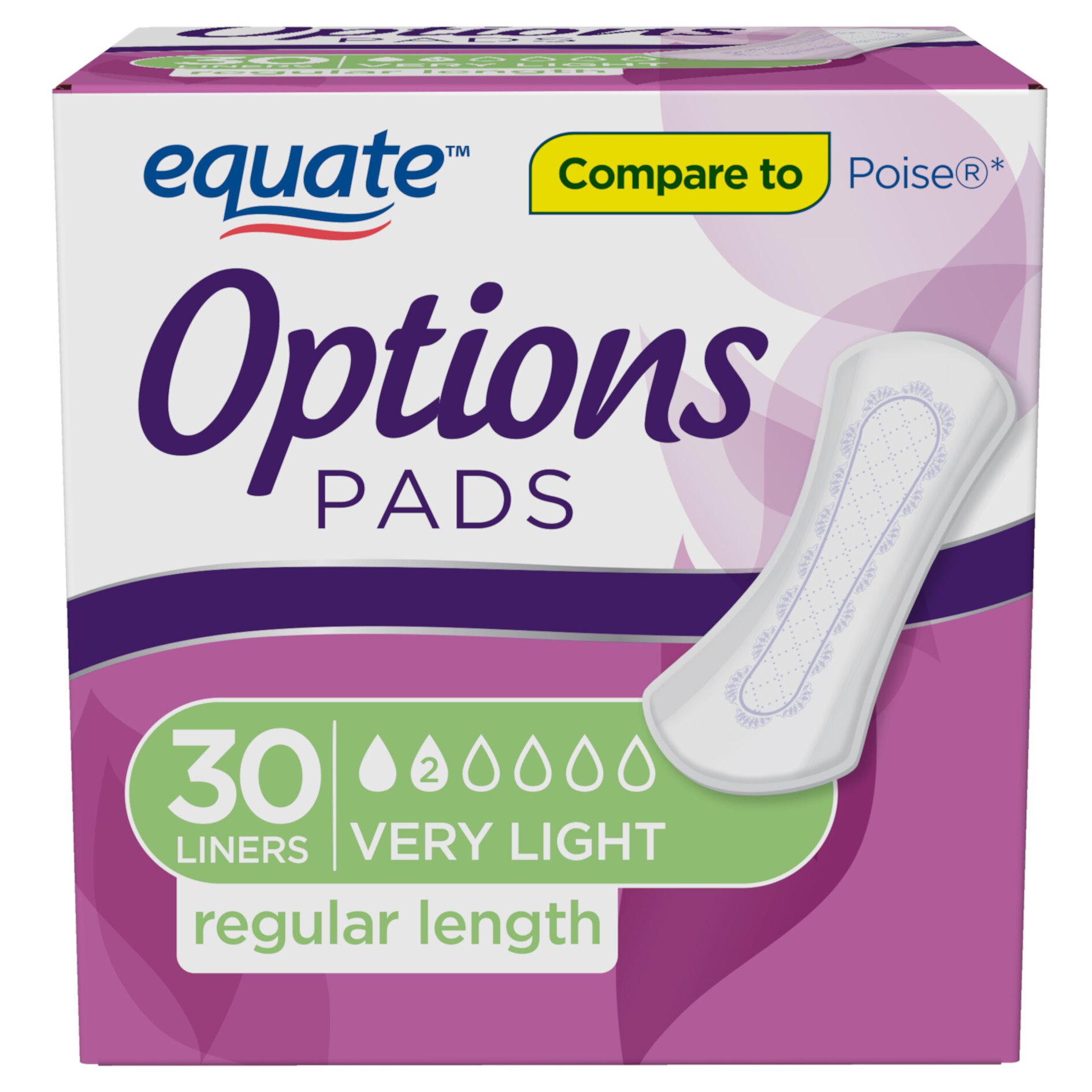 Equate Options Women's Incontinence Regular Length Liners, Very Light Absorbency, 30 Count Equate