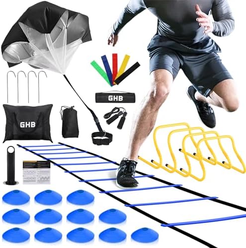 GHB Agility Ladder,Football Training Equipment Set,4 Agility Hurdles, 20 feet 12 Rungs Speed Ladder,12 Disc Cones,Resistance Parachute, Jump Rope, 5 Resistance Bands for Workout Ghb