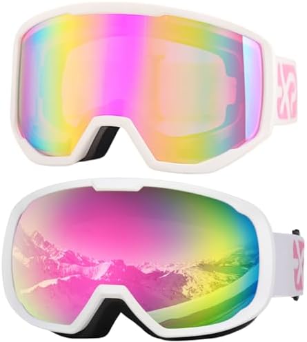 2pcs Ski Goggles Pink Snowboard Goggles for Women Adults Youth,Over Glasses OTG/100% UV Protection/Anti-fog/Wide Vision EXP VISION