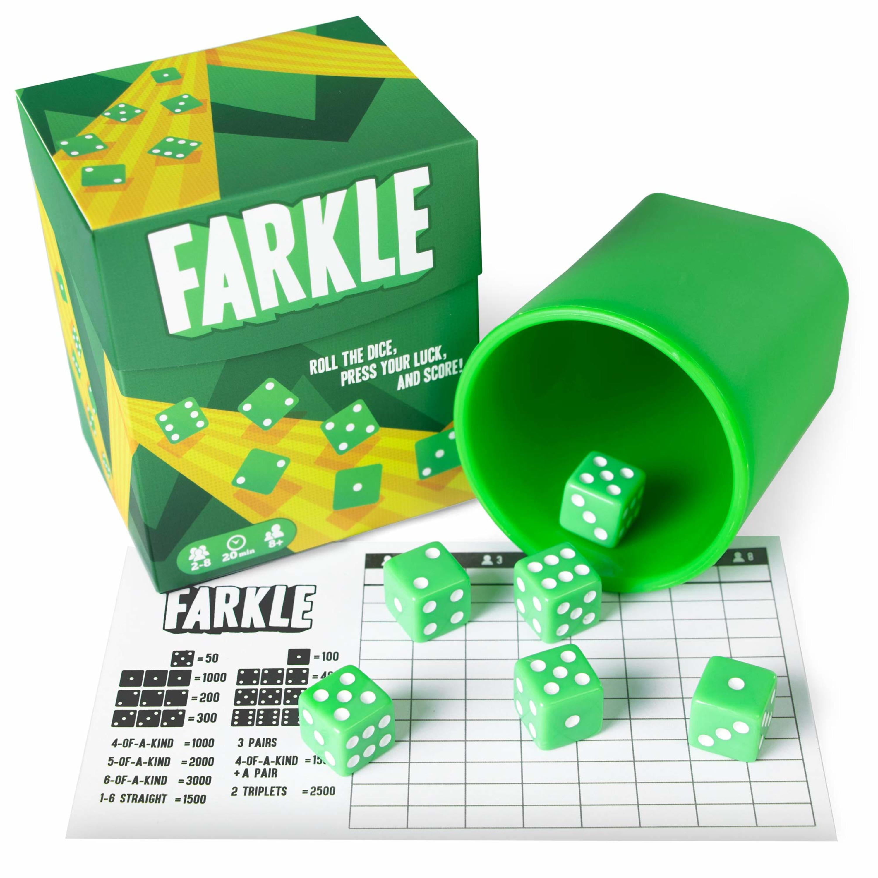 Brybelly Farkle - The Classic Family Dice Game | Set Includes Dice Cup, Set of 6 Green Dice, 25 Scorecards and Storage Box Brybelly