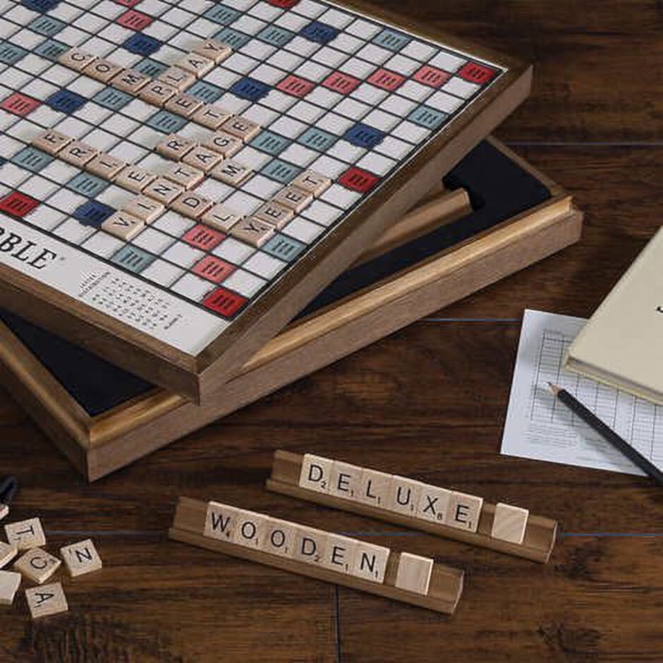 Scrabble Deluxe Vintage Wood Game Set with Lazy Susan Monopoly