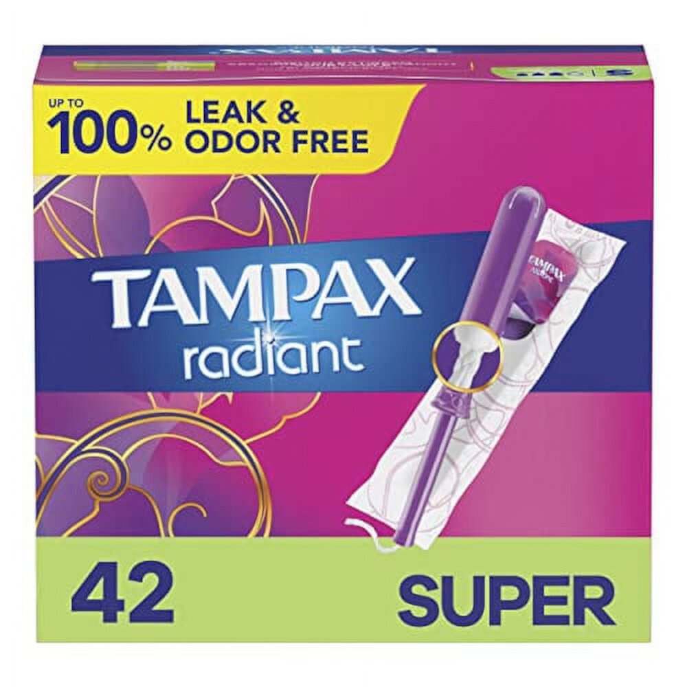 Tampax Radiant Tampons Super Absorbency with BPA-Free Plastic Applicator and LeakGuard Braid, Unscented, 42 Count Tampax