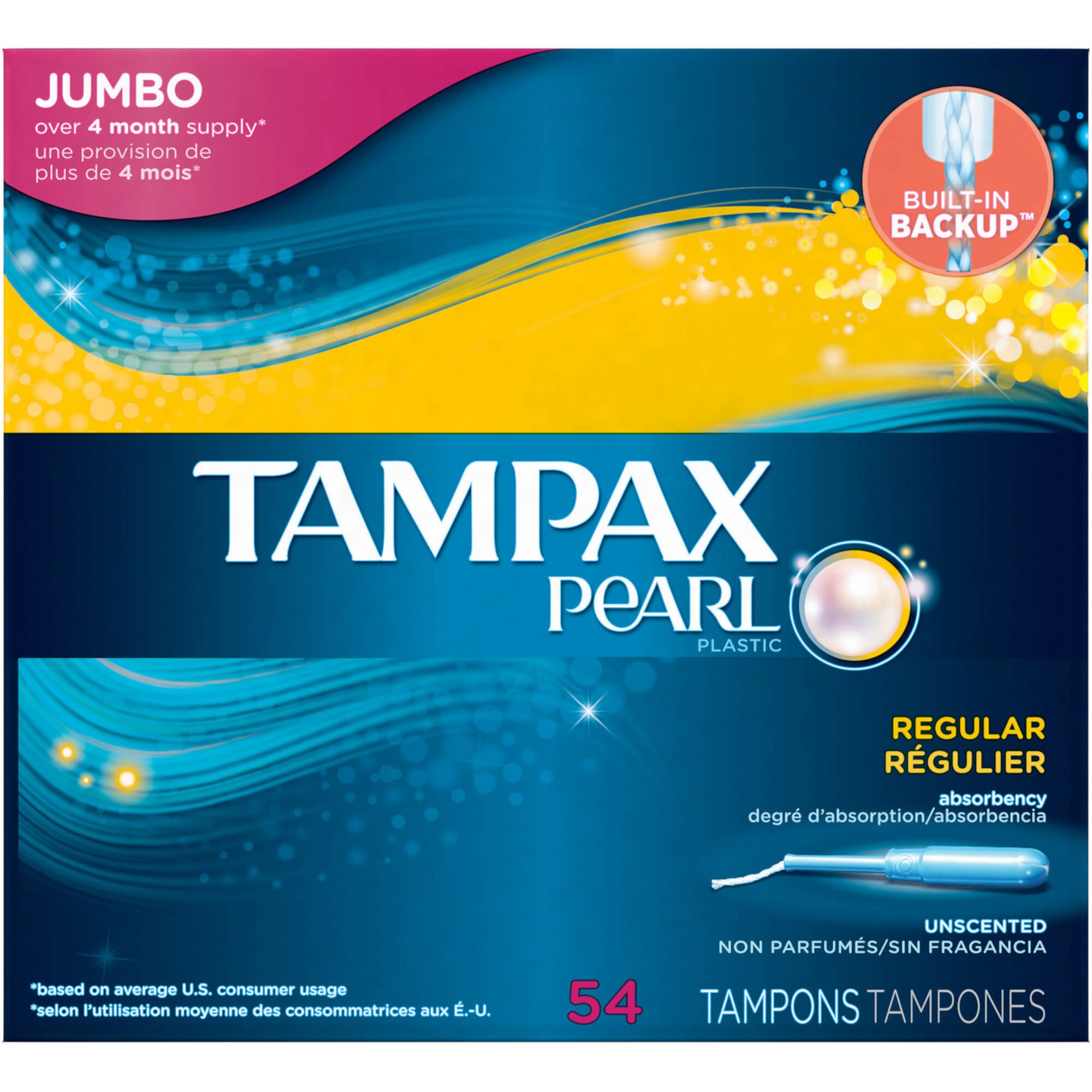 Tampax Pearl Tampons with Plastic Applicator, Regular, Unscented, 54 Ct Tampax