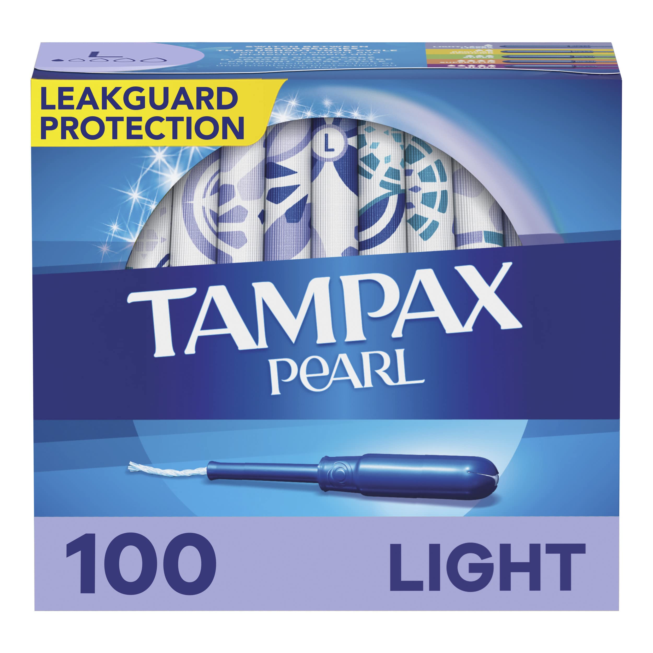 Tampax Pearl Tampons Light SR25 Absorbency, With Leakguard Braid, Unscented, 50 Count x 2 Packs (100 Count total) Tampax