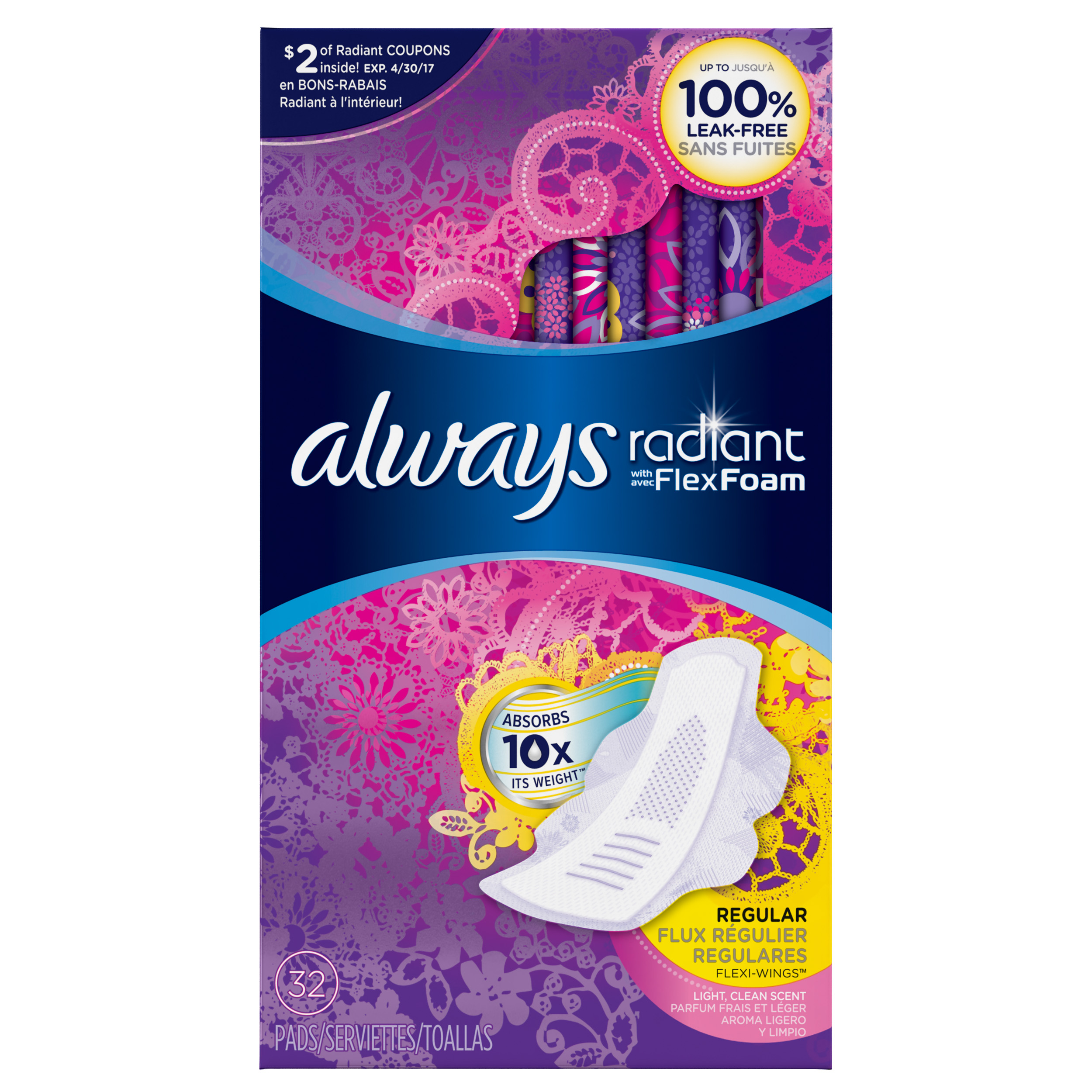 Always Radiant Pads with Wings, Regular, Scented, 32 Count Always