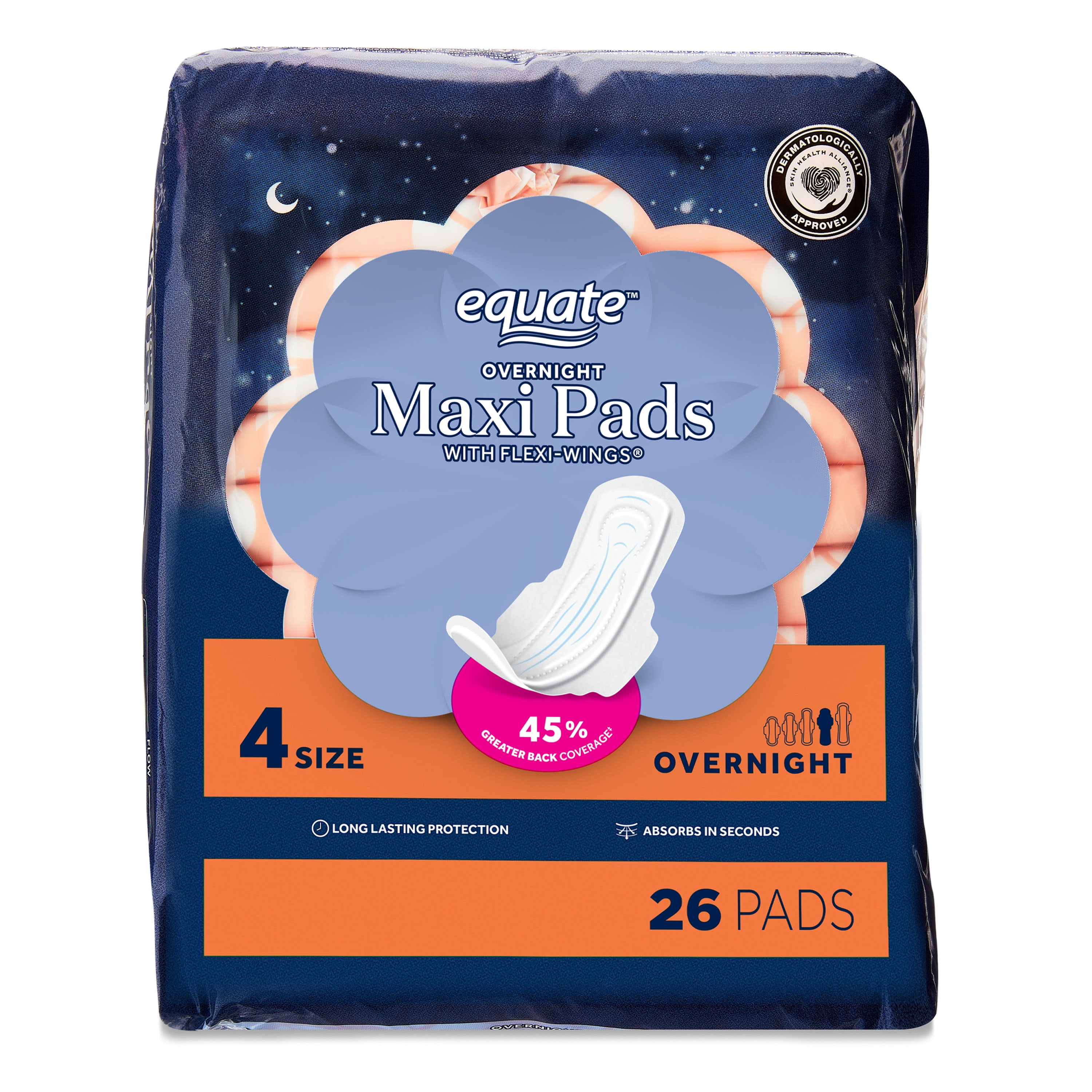 Equate Maxi Pads with Wings, Unscented, Overnight, Size 4 (26 Count) Equate