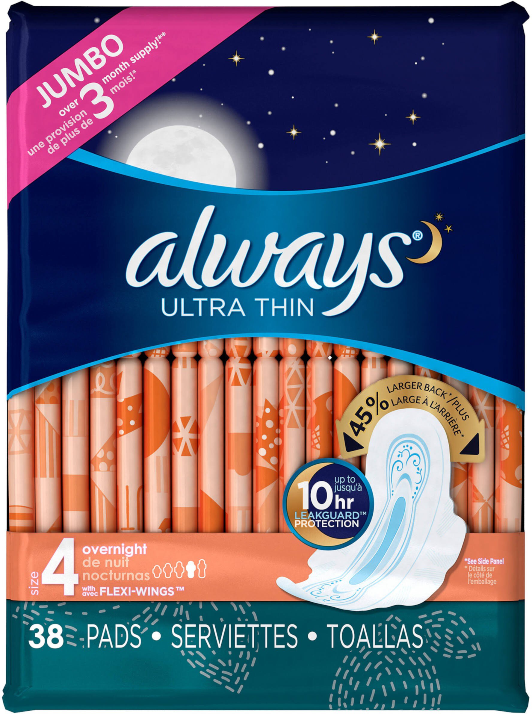 Always Ultra Thin Pads Overnight Flexi-Wings 38 Each (Pack of 2) Always