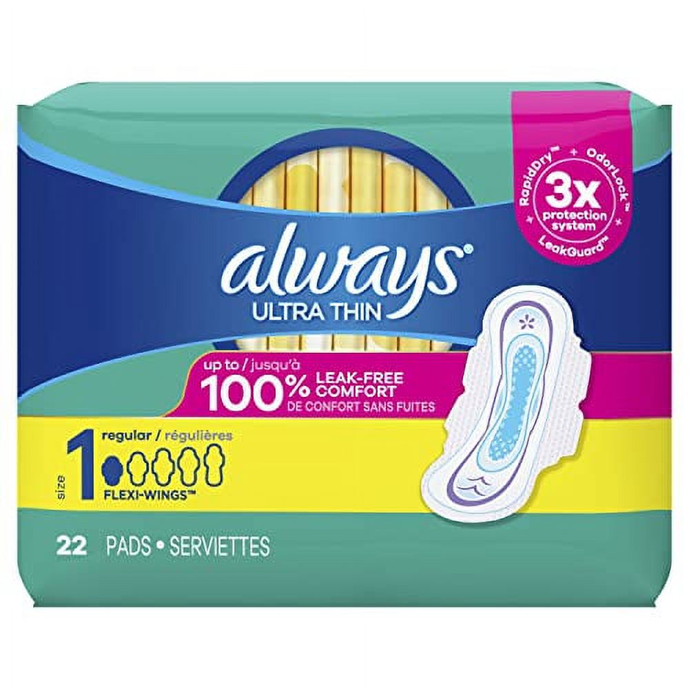 Always Ultra Thin Daytime Pads with Wings Size 1, Unscented, 22 Count, 2 Pack Always