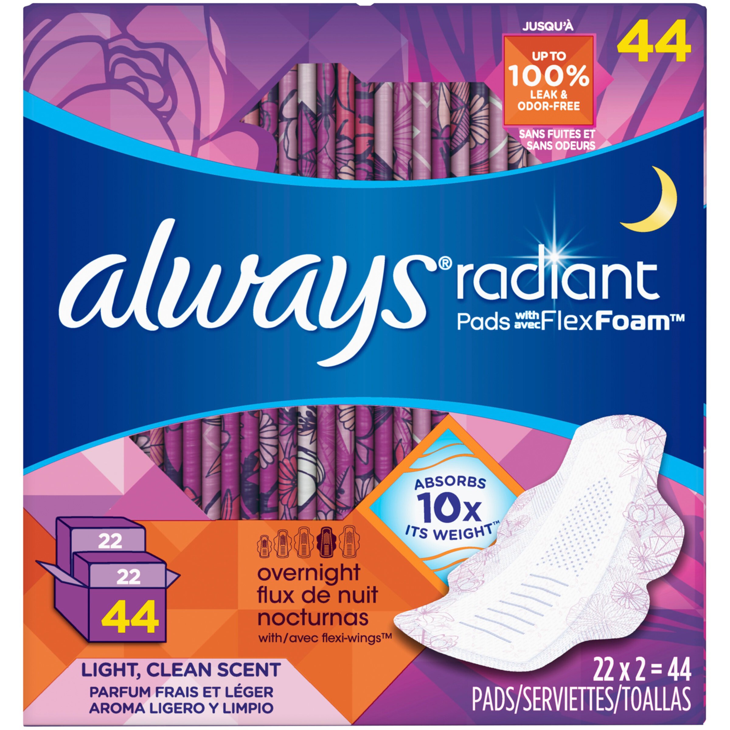 Always Radiant Overnight Pads, Light Clean Scent, Size 4, 44 Ct Always