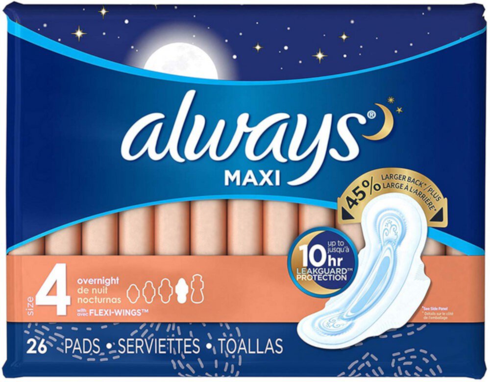 Always Maxi Overnight Pads with Wings, Unscented, Size 4 26 ea (Pack of 3) Always