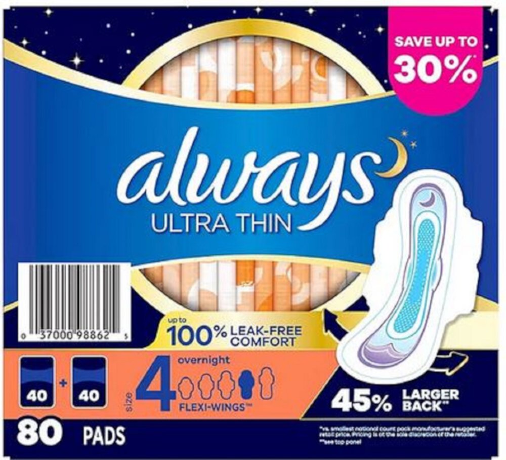 Always Ultra Thin Size 4 Overnight Pads, 80 ct. Always