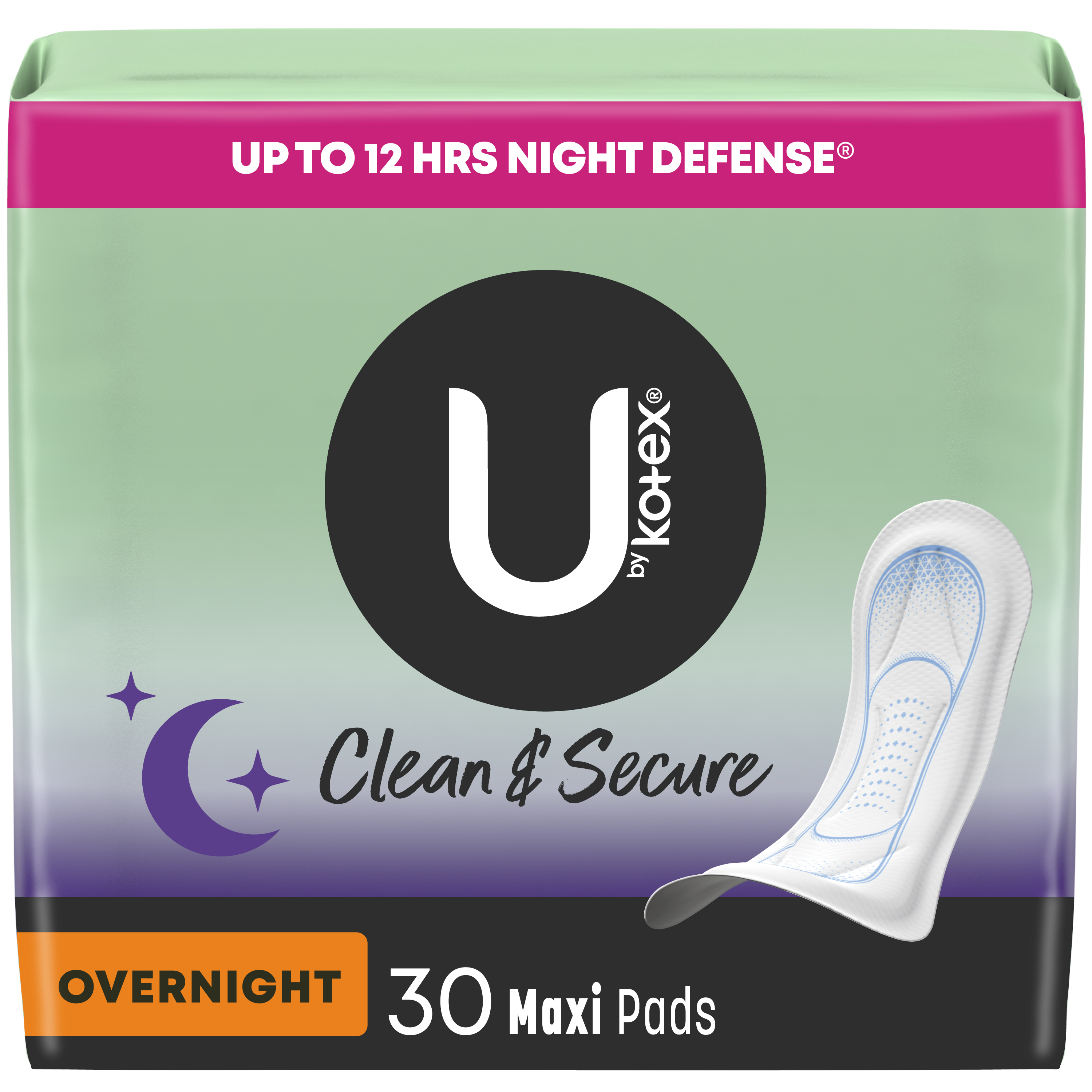 U by Kotex Clean & Secure Overnight Maxi Pads Without Wings, 30 Count Kotex