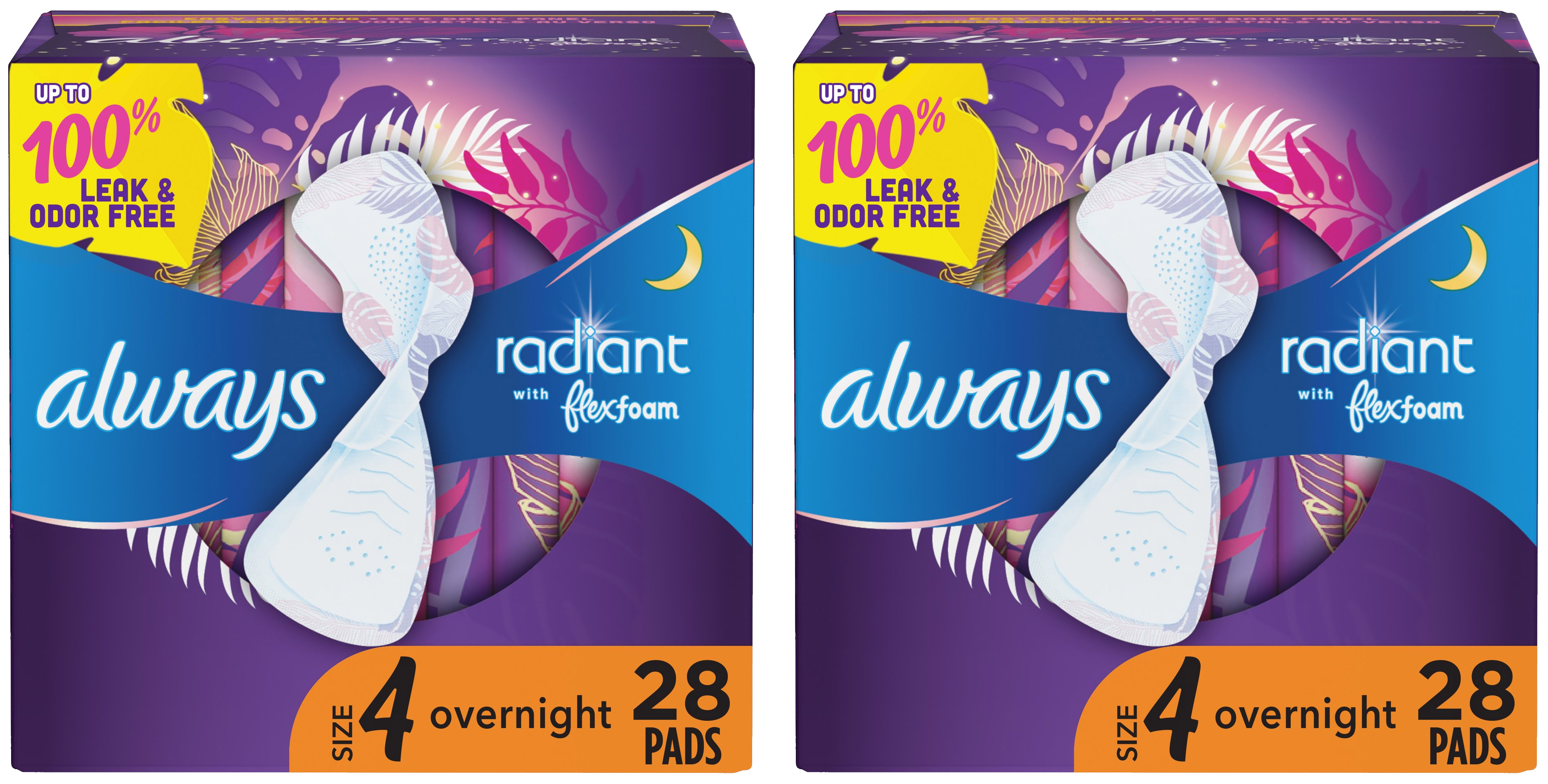 Always Radiant Overnight Pads with Wings, Scented, Size 4, 28 Ct, 2 Pack Always