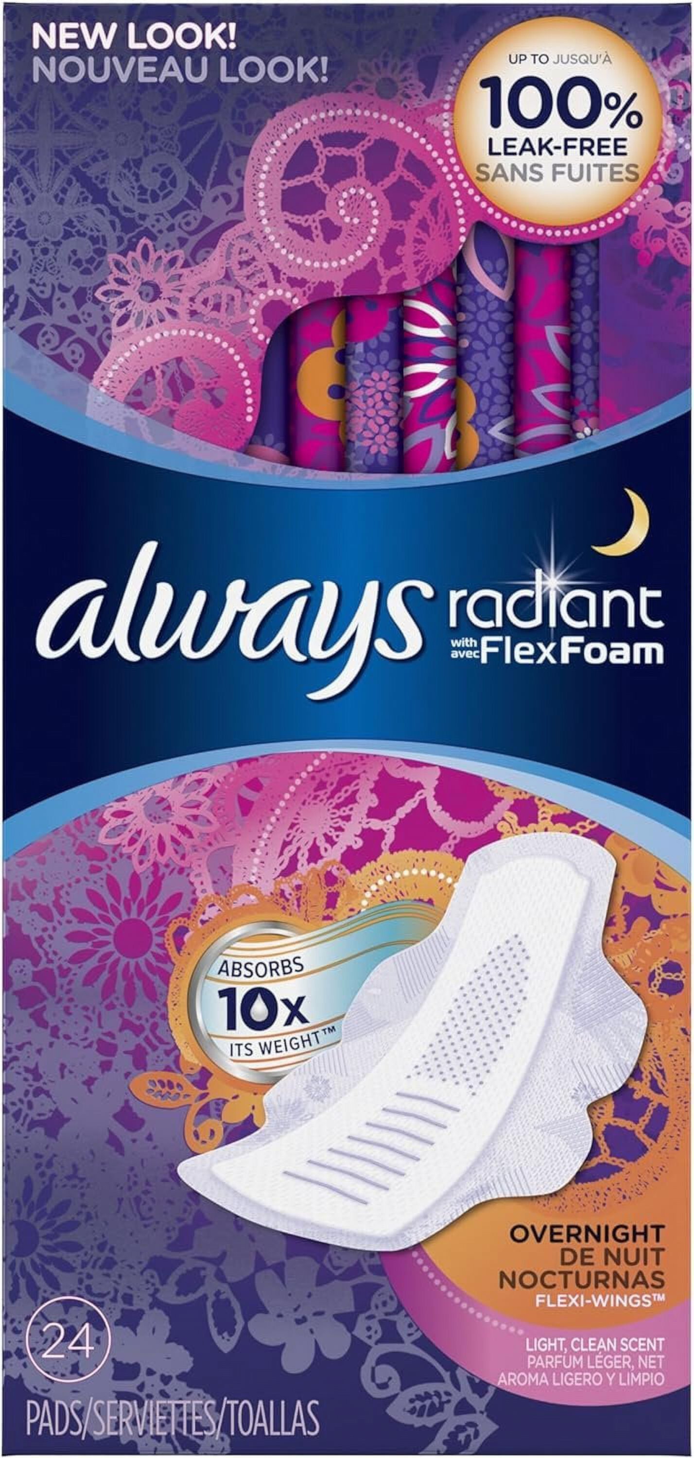 Always Radiant Infinity Overnight Feminine Pads with Wings, Scented, 24 Count Always