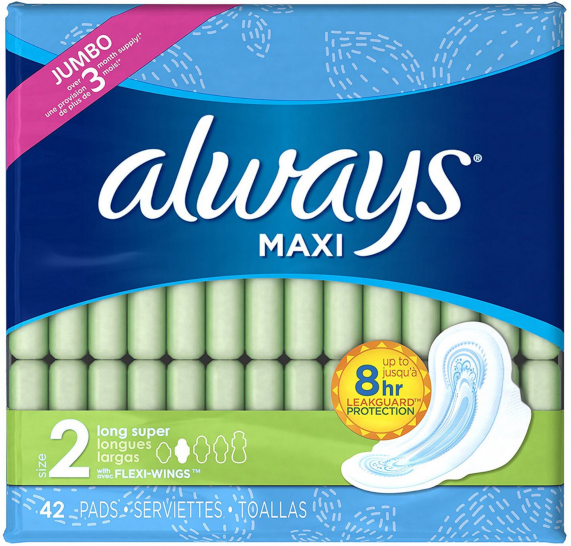 Always Maxi Super Absorbency Size 2 Long Pads with Wings, Unscented 42 ea (Pack of 2) Always