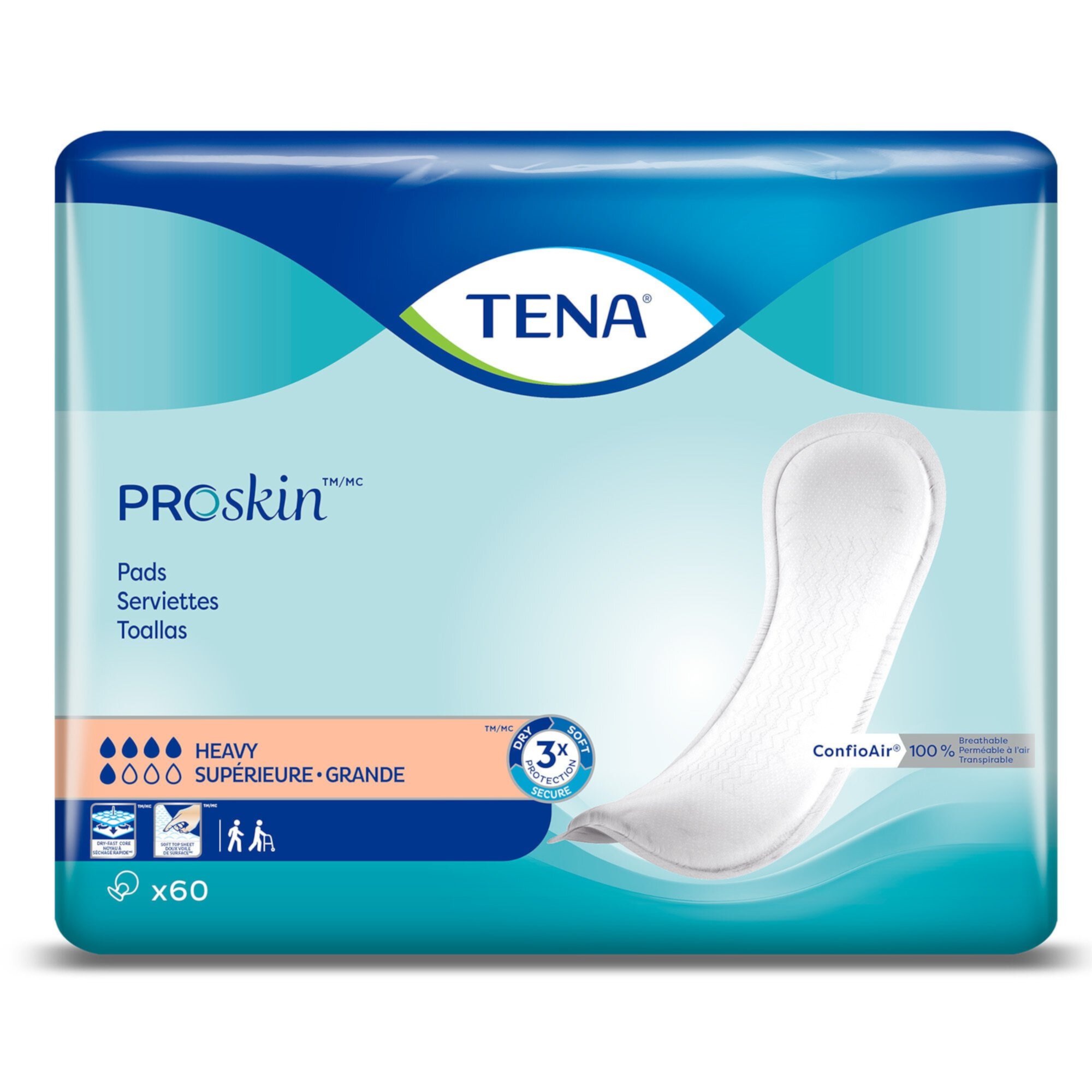 TENA ProSkin Heavy Unisex Incontinent Pad Regular Length 12" L 41509, 60 Ct Tena