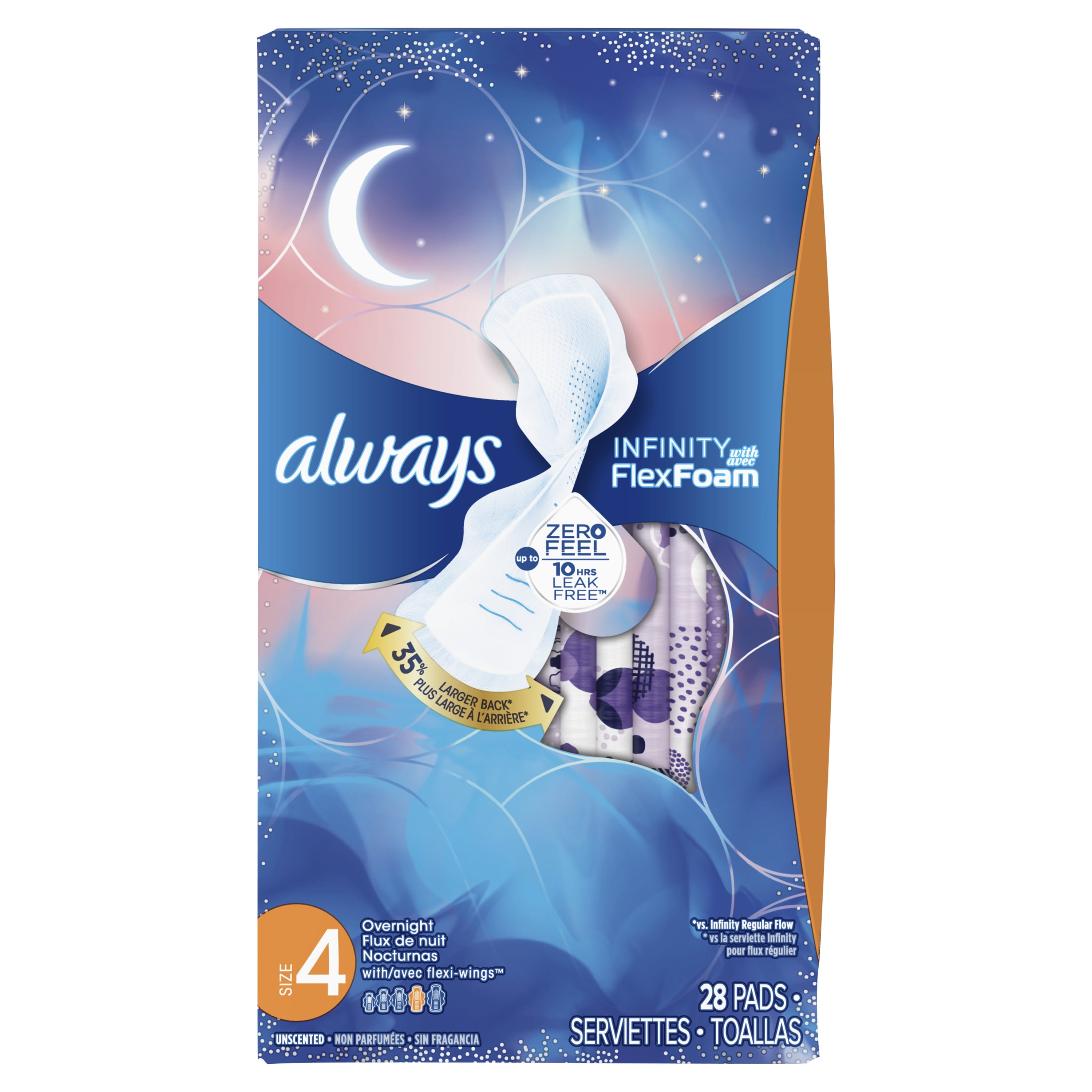 ALWAYS Infinity, Size 4, Overnight Sanitary Pads with Wings, Unscented, 28 Count Always