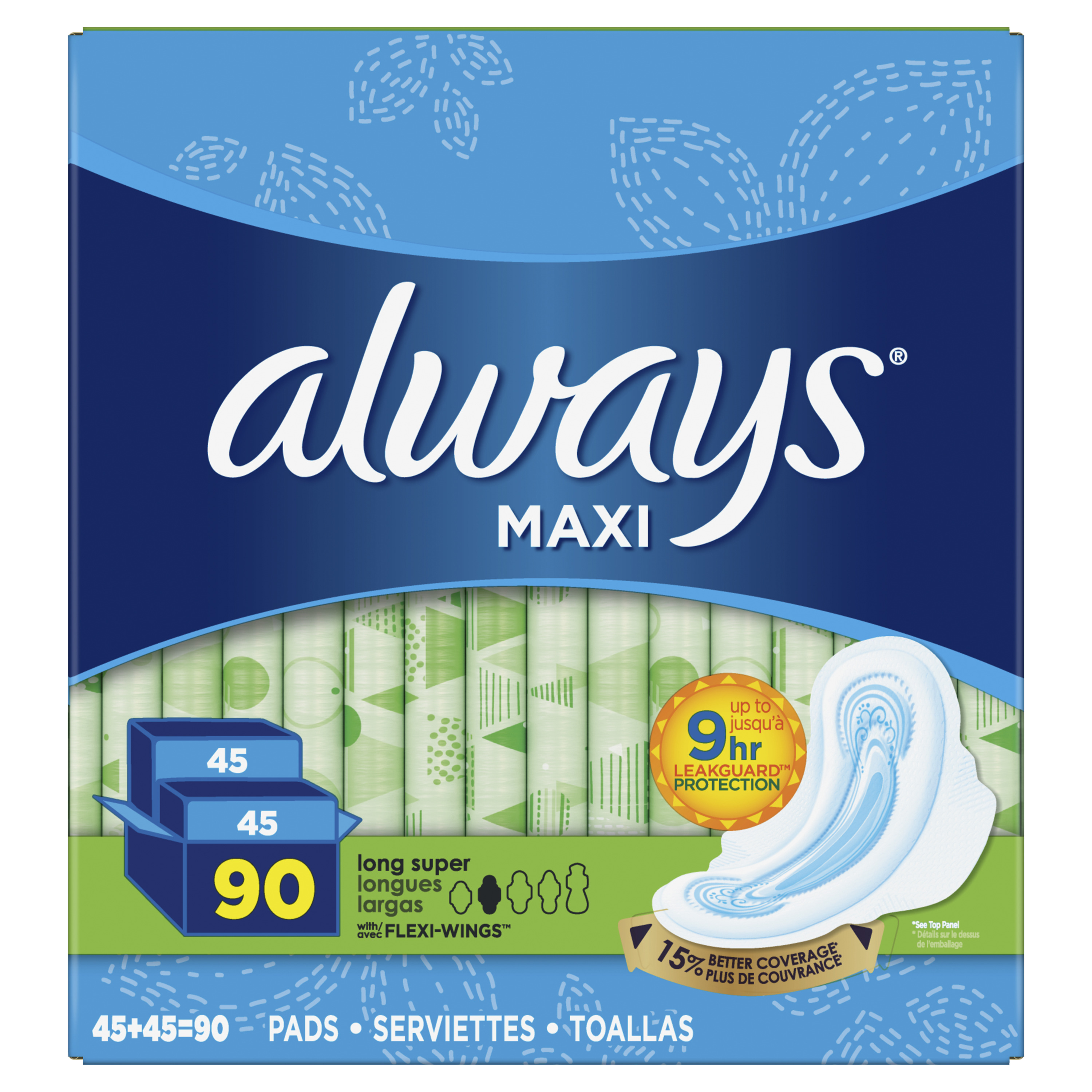 Always Maxi Super Pads, Unscented, Size 2, 90 Ct Always