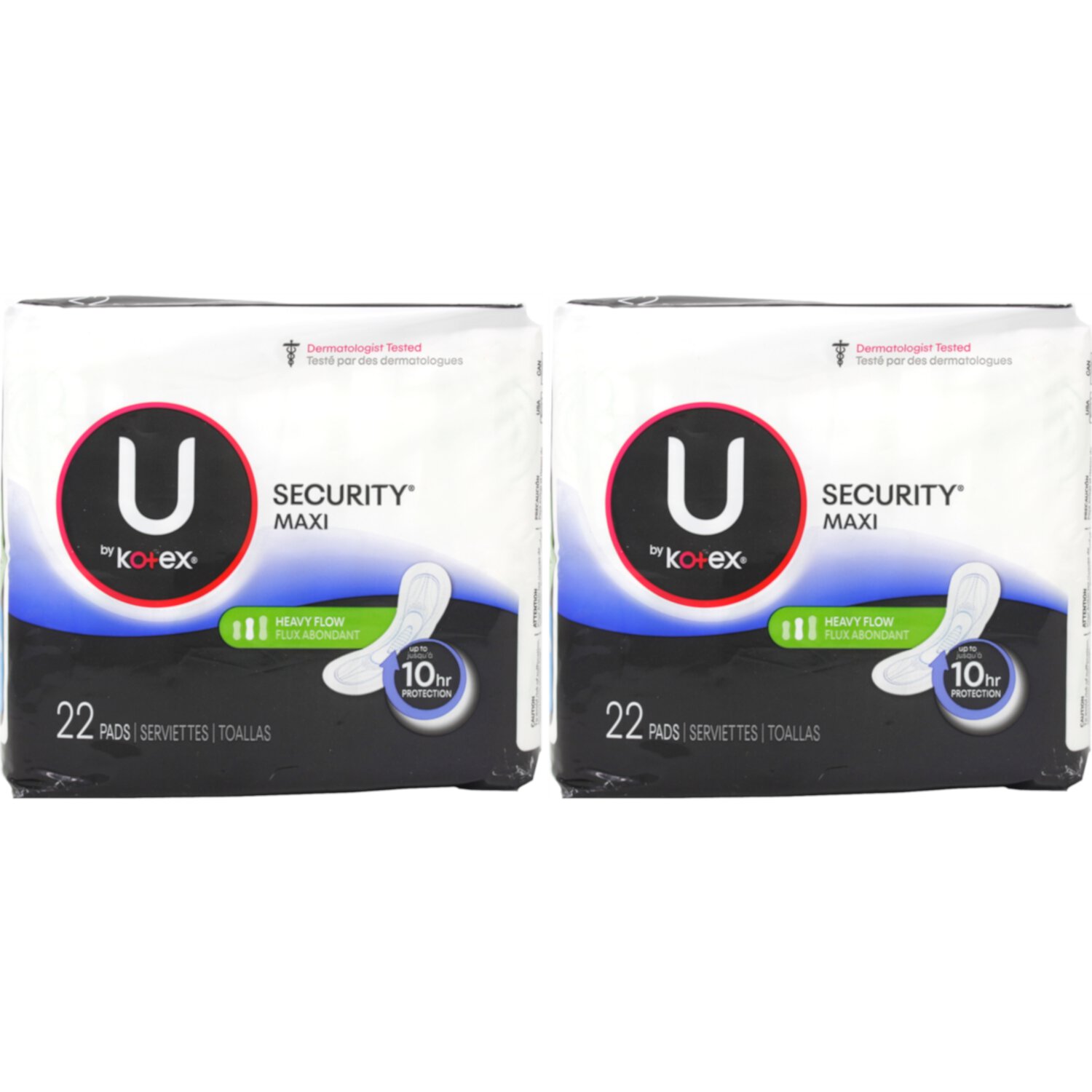 2 Pack U by Kotex Maxi Pads Long Super Unscented 22 Count Each Kotex