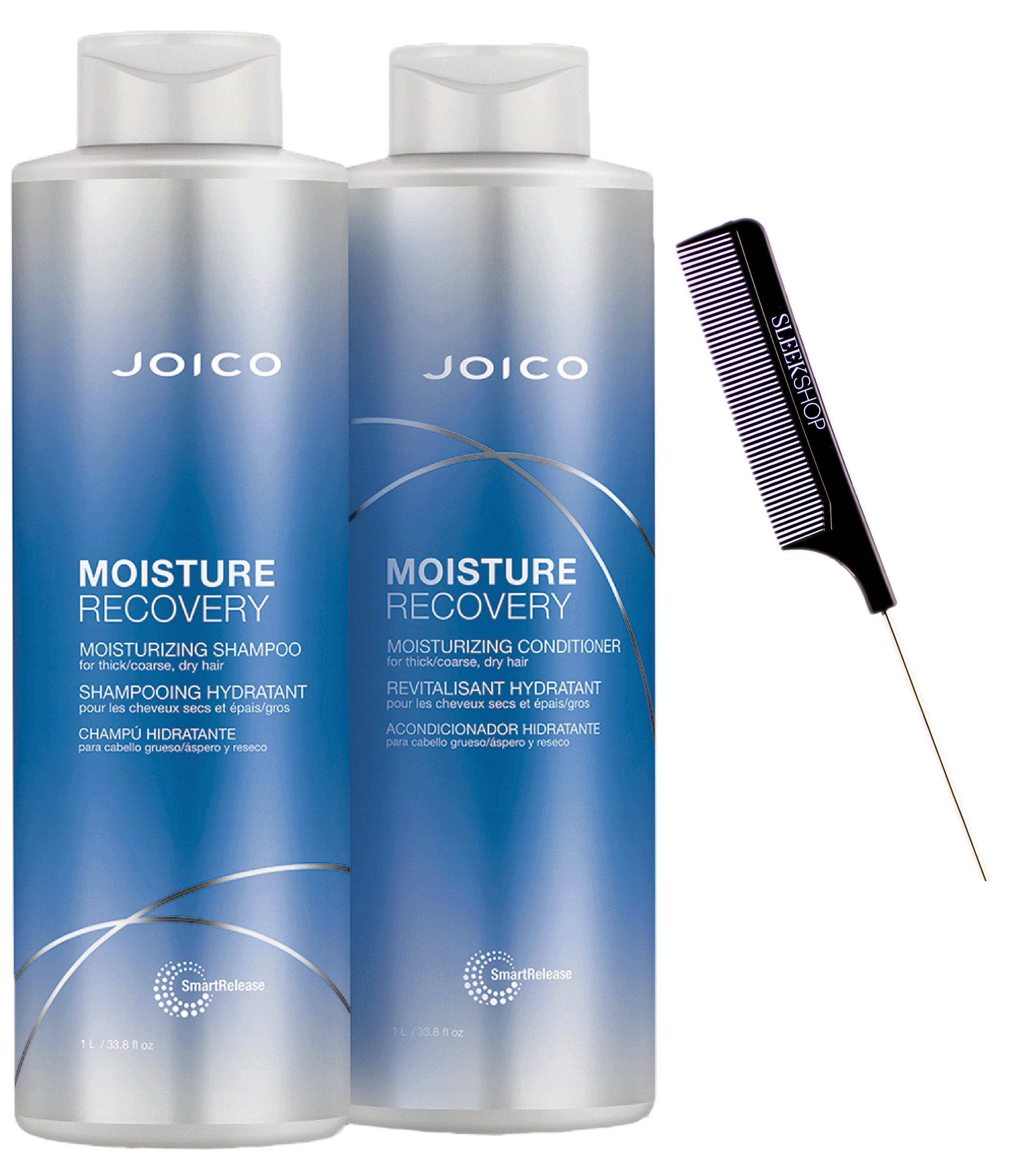 Joico MOISTURE RECOVERY Moisturizing Shampoo & Conditioner, NEWEST PACKAGING, for Thick/Coarse Dry Hair DUO SET (w/ Sleek Steel Rat Tail Comb) (LITER PUMPS ONLY (2 PACK) for 33.8 oz size) Joico