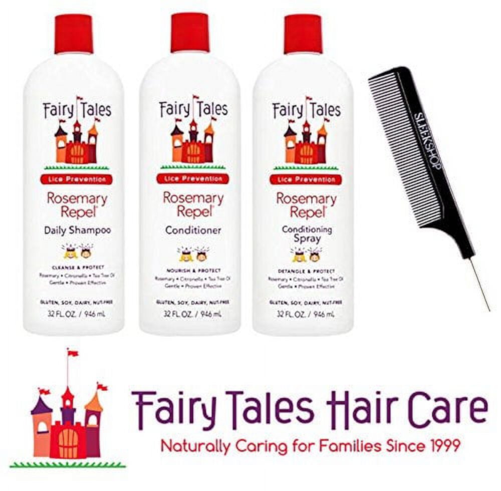 Fairy Tales Rosemary Repel Shampoo, Conditioner, & Conditioning Spray TRIO Set (with Sleek Steel Pin Tail Comb) (12 oz, 8 oz, 8 oz TRIO KIT) Fairy Tales