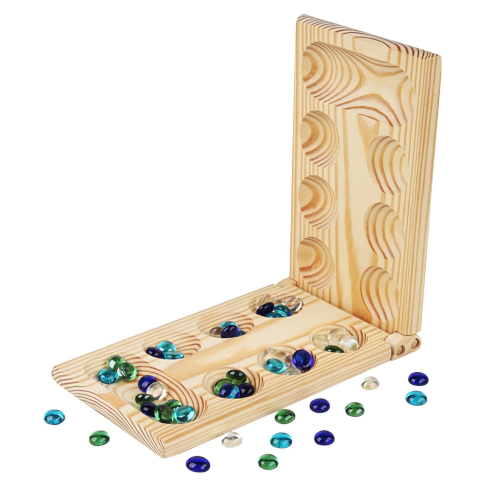 Mancala Board Game Set Family Games Tabletop Game Classic Portable with Glass Bead Wood Foldable for Party Whole Family Teen 44.5x13.2x1.6cm MERIGLARE