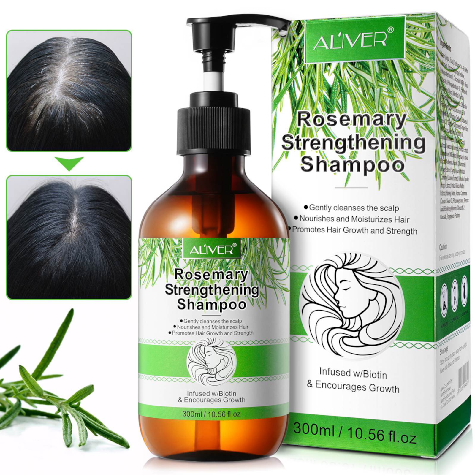 Aliver Rosemary Strengthening Shampoo Infused with Biotin, Gently Cleanses Scalp and Helps Hair Growth and Strengthen Weak and Brittle Hair, 10.5 Ounces ALIVER