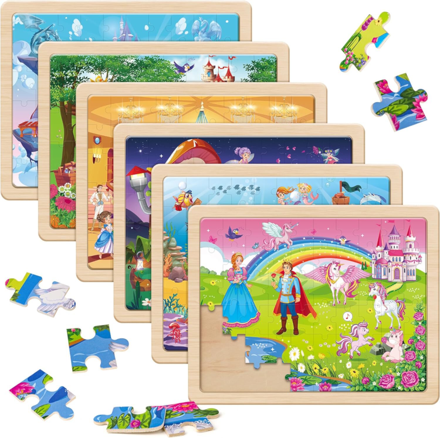 SYNARRY Mermaid Princess Fairy Wooden Puzzles for Kids Ages 4-6, 6 Packs 60 Pcs Jigsaw Puzzles for Kids Ages 4-8, Preschool Toys Gifts for Toddlers 3-5, Wood Puzzles for 3 4 5 6 Year Old Girls SYNARRY