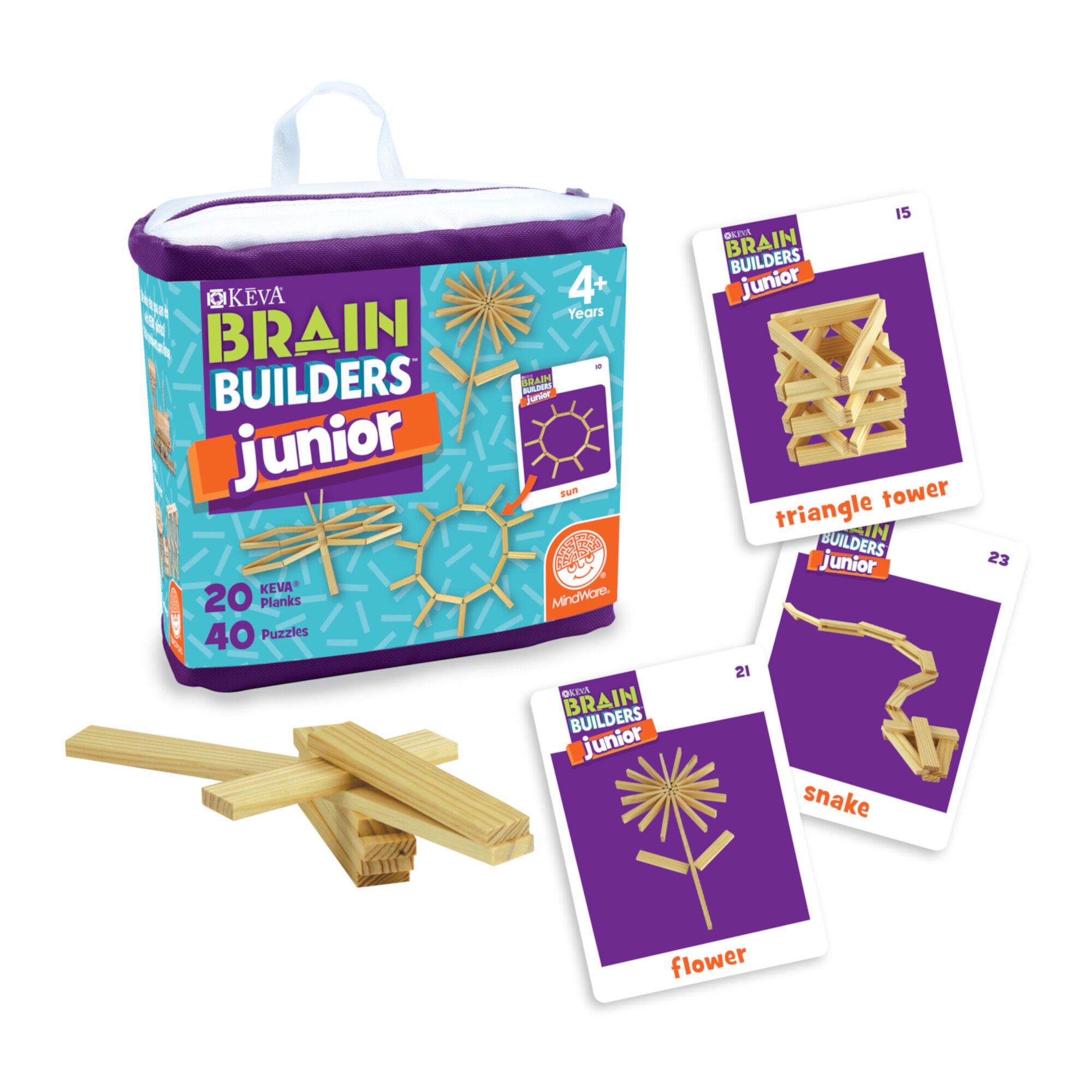 MindWare KEVA Brain Builders Junior , 20 KEVA Planks with 40 Puzzle Cards for Kids MindWare