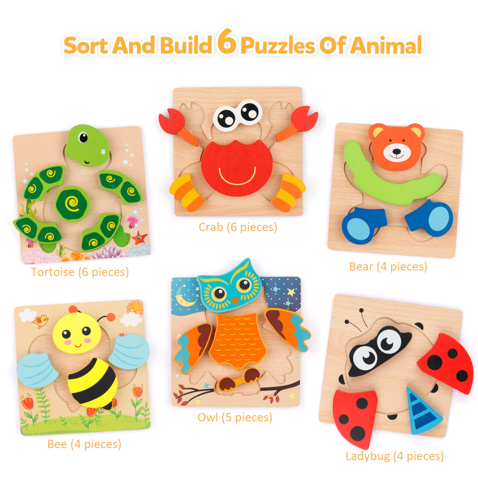 Coogam Wooden Jigsaw Puzzle Set, 6 Pack Animal Shape Color Montessori Toy, Fine Motor Skill Early Learning Preschool Educational Gift Game for Years Old Kids Coogam