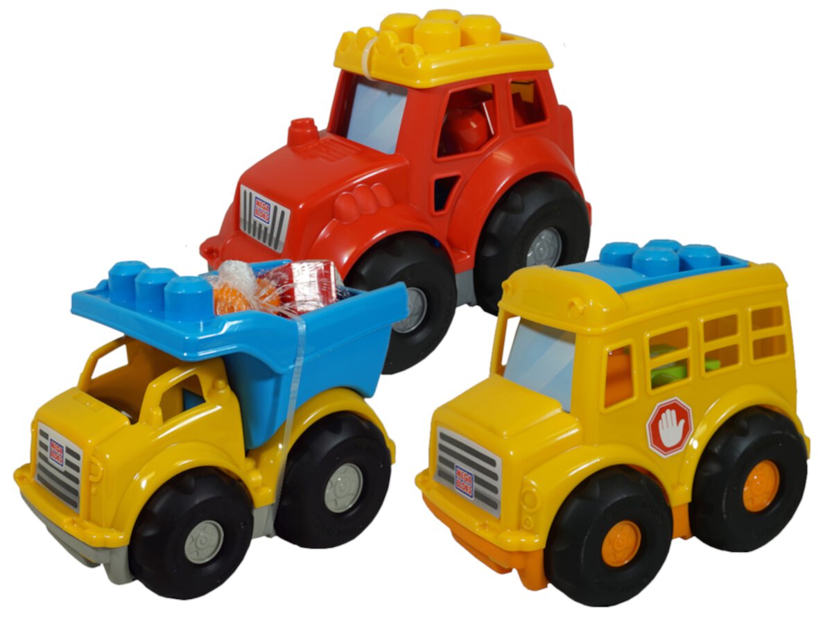 Mega Bloks Set of 3 Vehicles-Dump Truck, Tractor, School Bus Mega Bloks