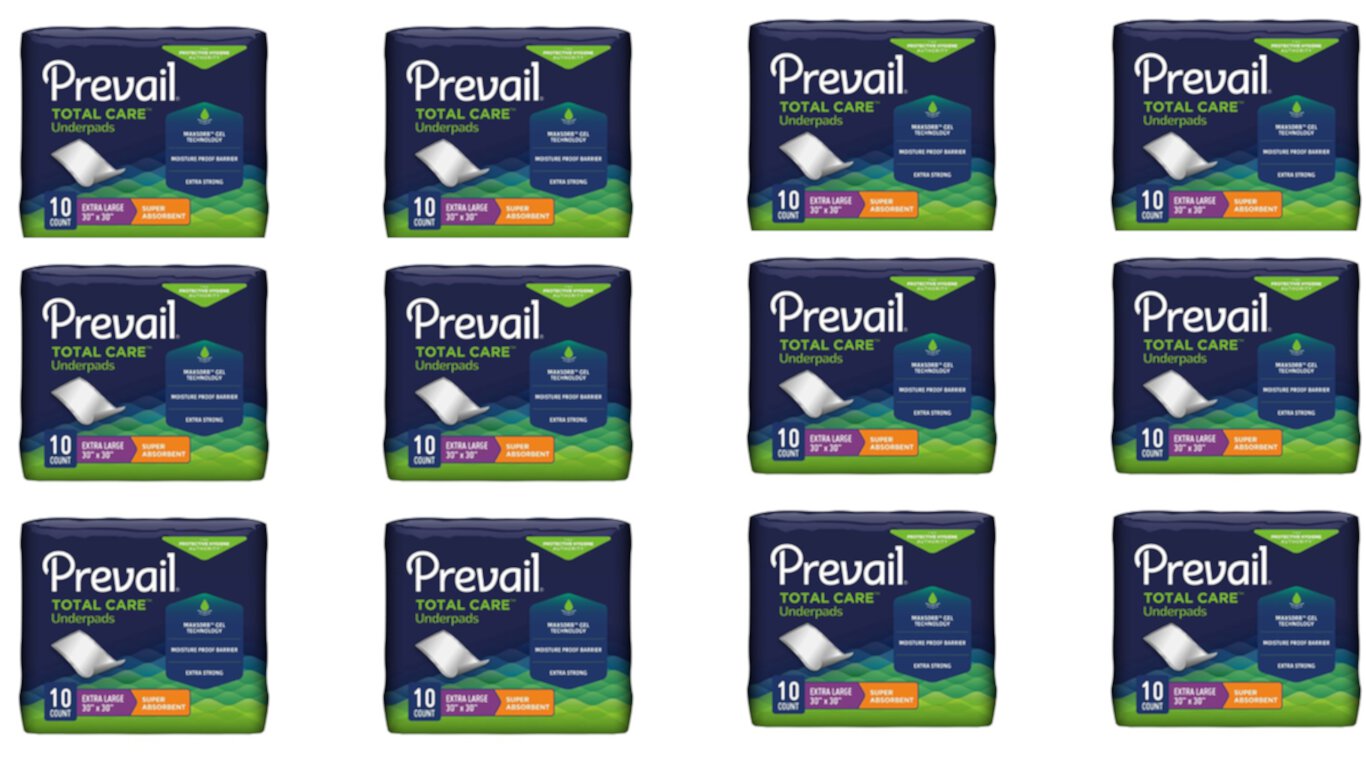 Underpad Prevail Total Care 30 X 30 Inch Disposable Polymer Heavy Absorbency Case of 120 Prevail